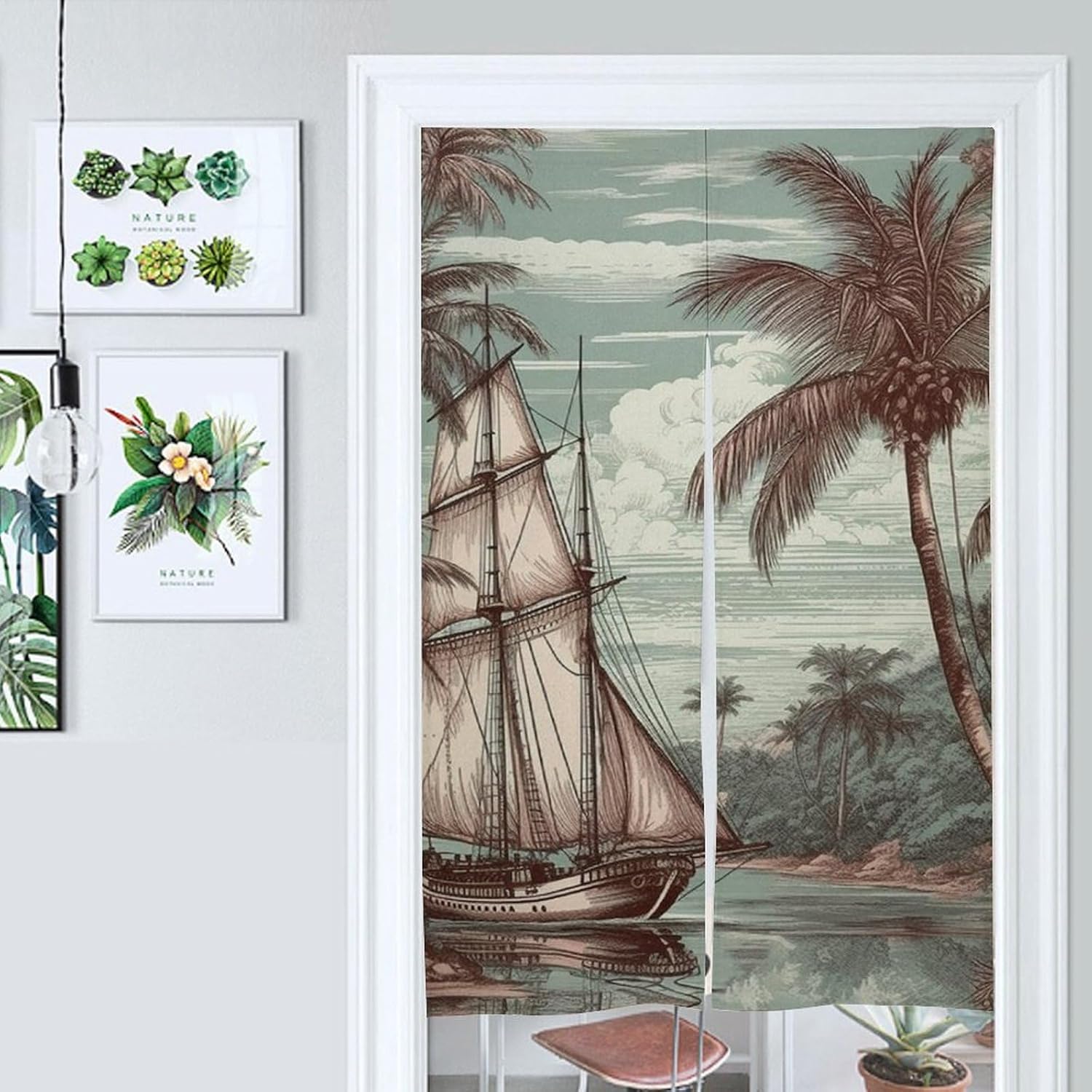 Japanese Noren Door Curtain with Tree and Sailboat Print