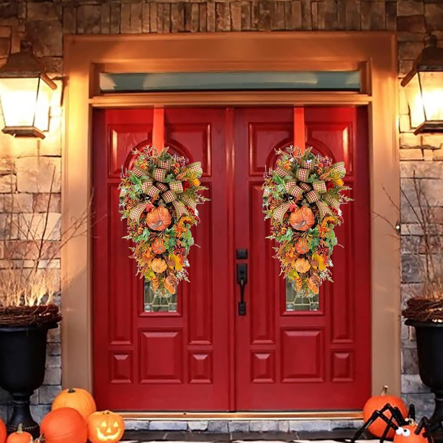 Fall Teardrop Swag Wreath with Pumpkins Sunflowers and Maple Leaves