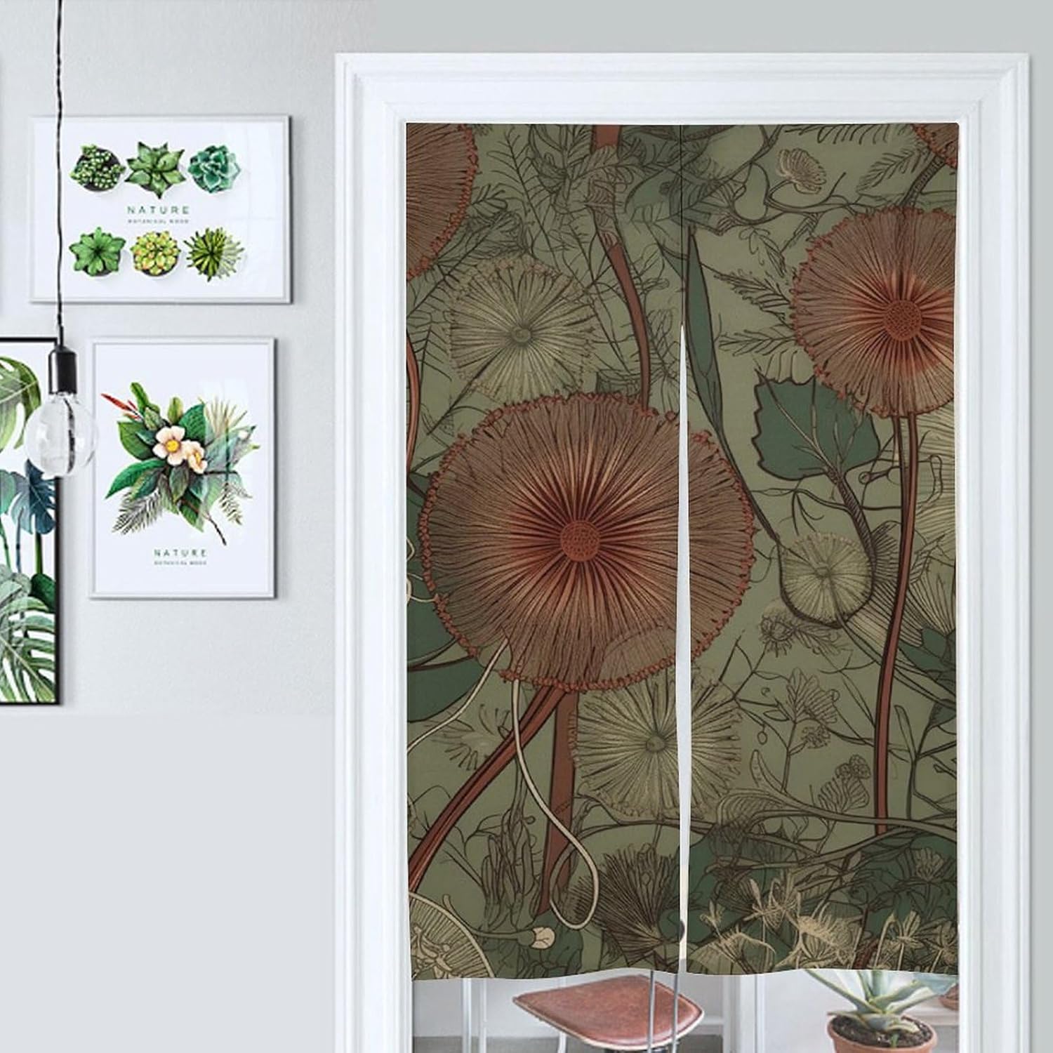 Japanese Noren Door Curtain with Leaves and Dandelions Design