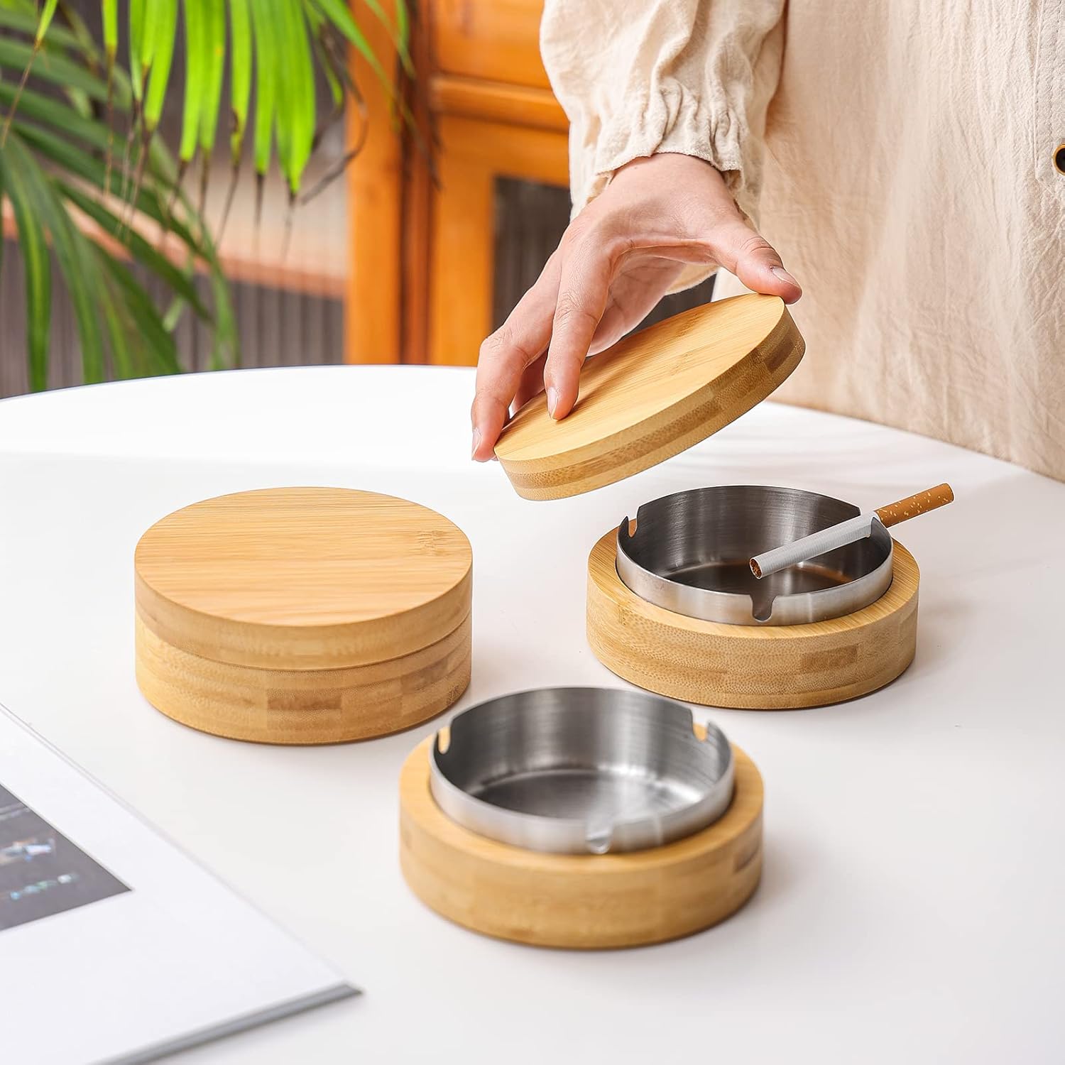 Stylish Small Bamboo Ashtray with Lid