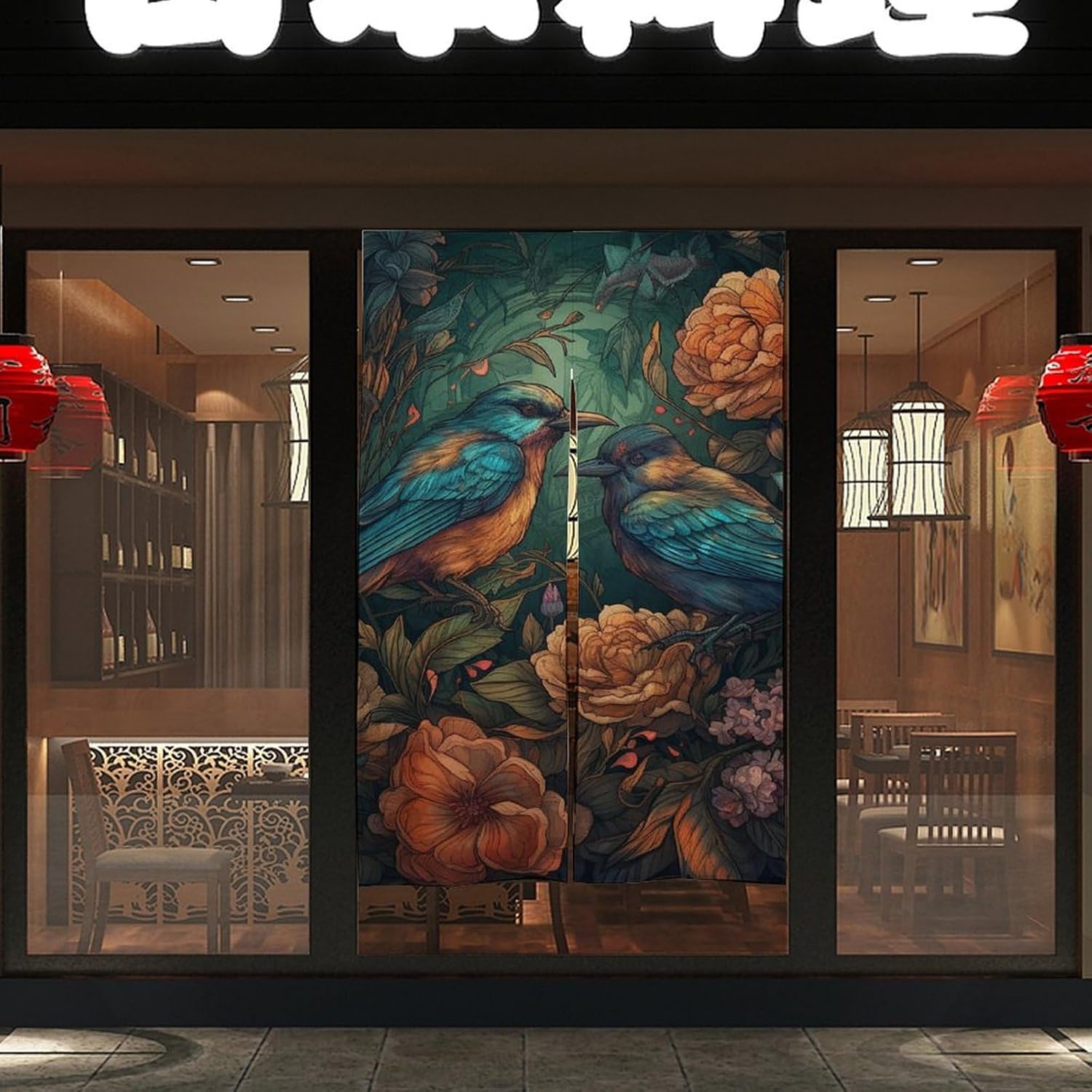 Japanese Noren Birds and Flowers Door Curtain 34x57 Inch