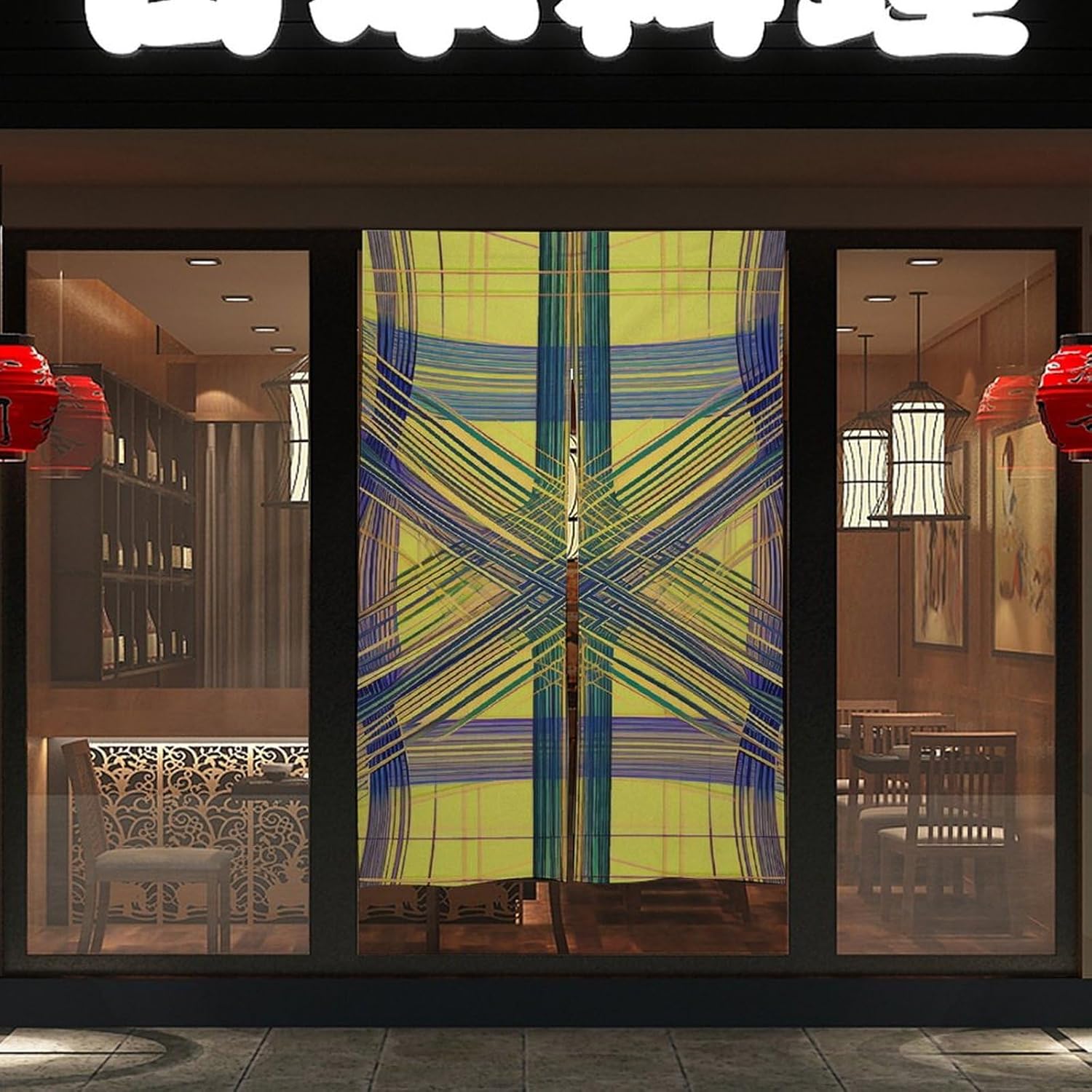 Japanese Noren Door Curtain with Yellow Purple Plaid Design