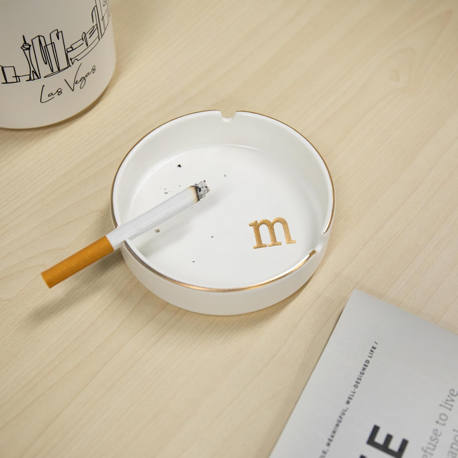 Luxurious Ceramic Ashtray with Gold Edging and Embossed Gold Lettering