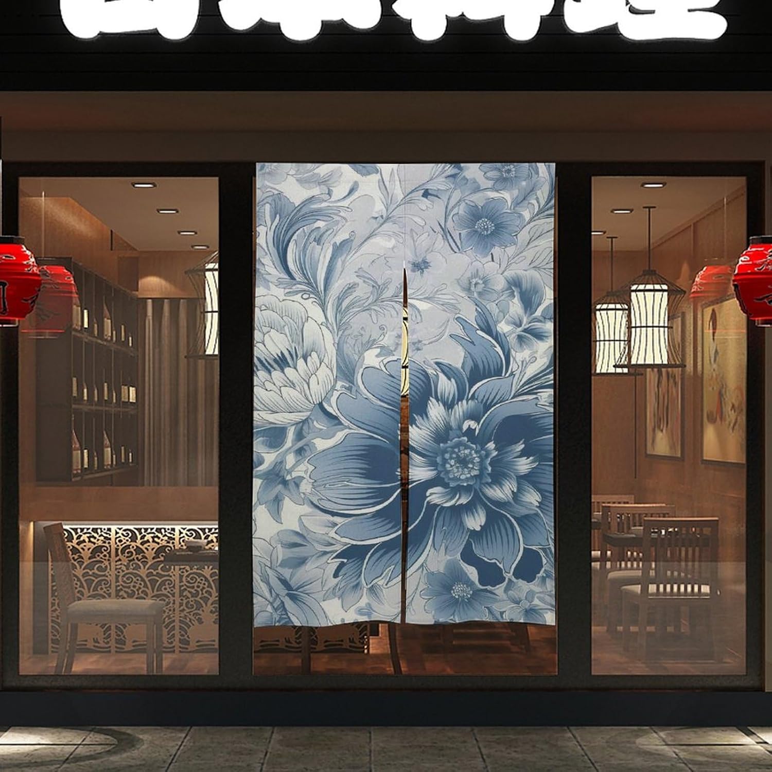 Japanese Noren Door Curtain Blue Gray Flowers Print 34x57