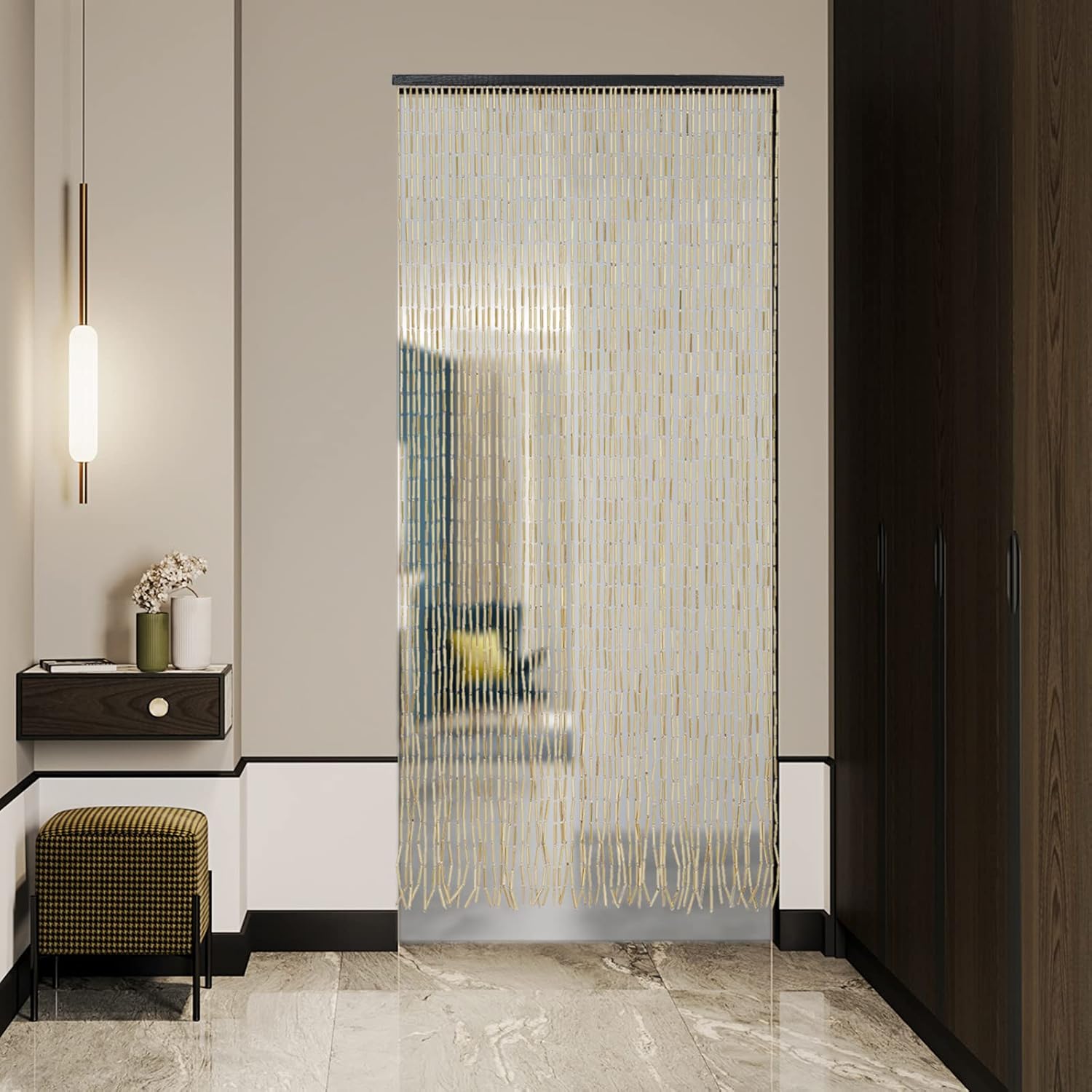 Natural Wood and Bamboo Beaded Curtain 60 Strands