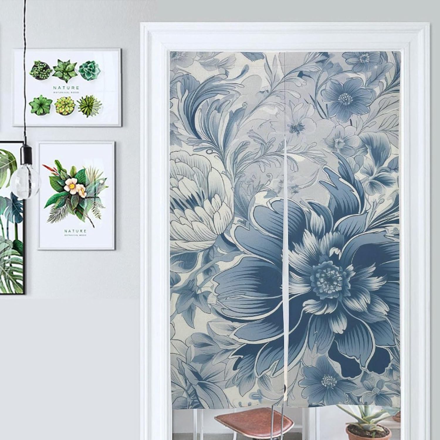 Japanese Noren Door Curtain Blue Gray Flowers Print 34x57