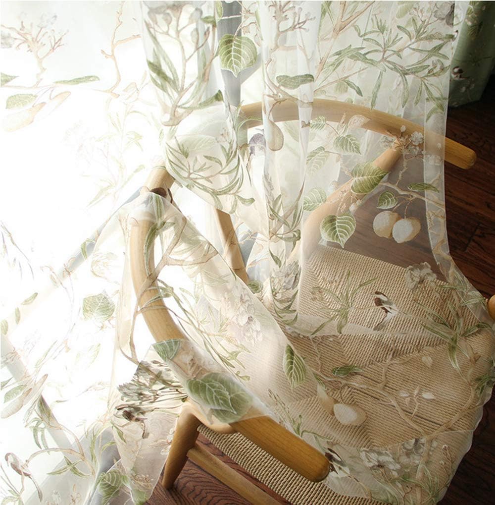 PureAqu Rod Pocket Sheer Curtain Panel Floral Birds Design