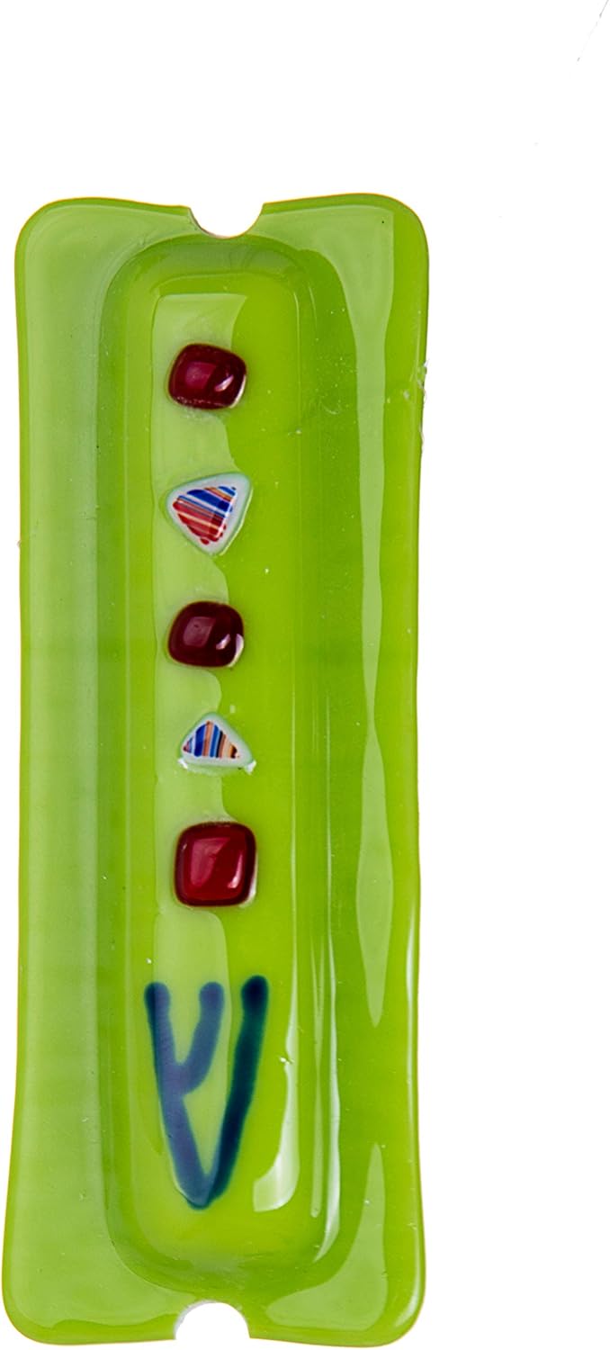 Glass Mezuzah Green With Blue Shin And Dots Wall Mezuzah
