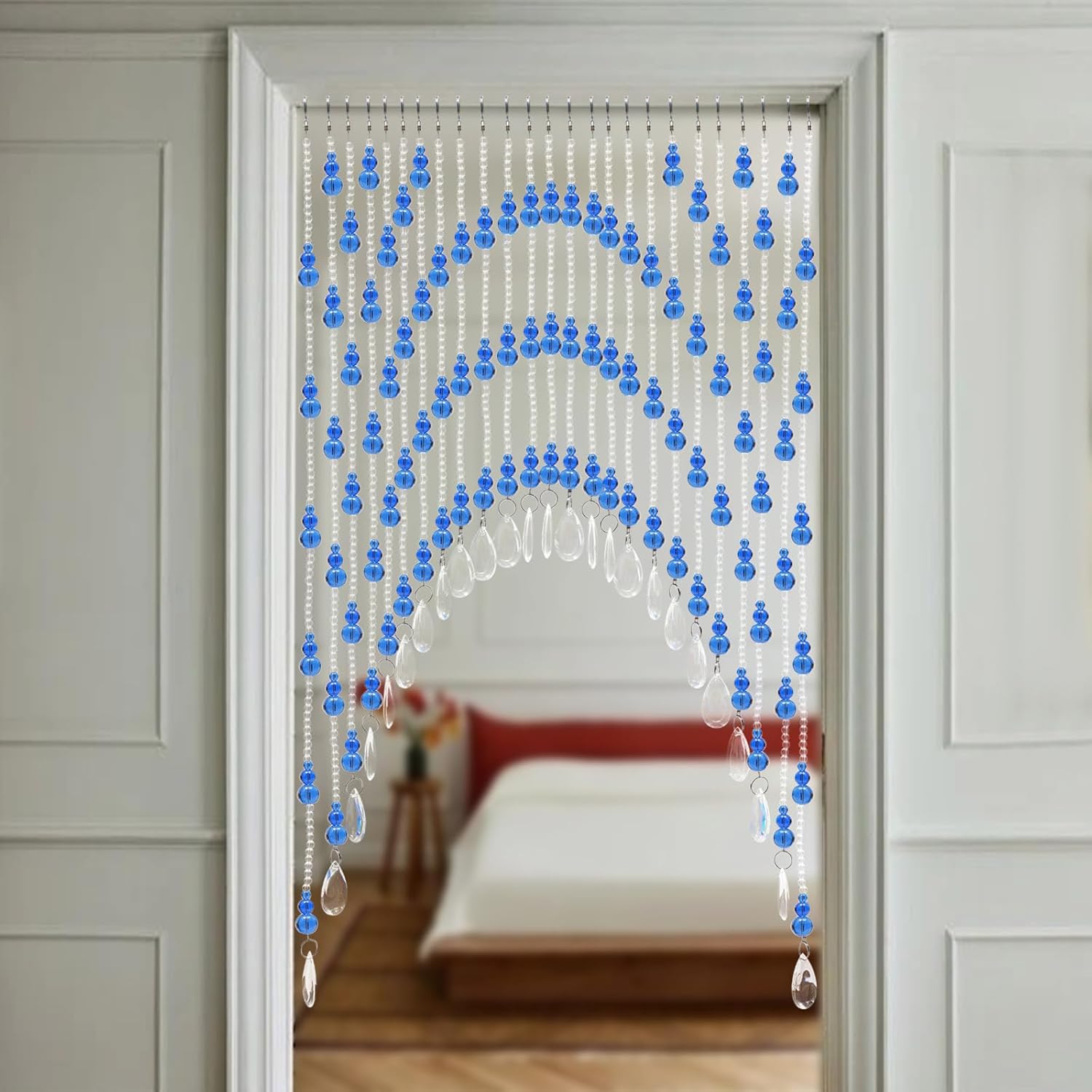 Beaded Curtain for Doorway with Clear Crystal Beads Blue