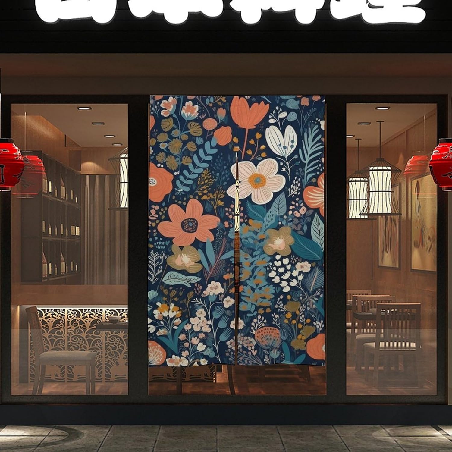 Japanese Noren Door Curtain with Small Flower Pattern