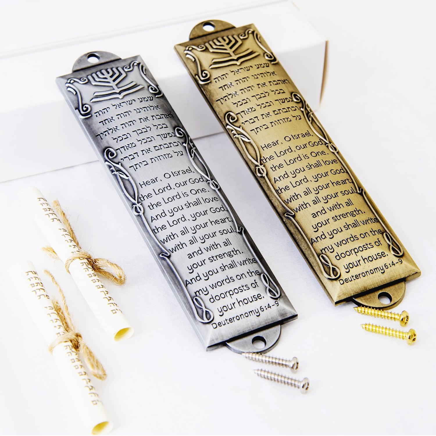 Set of 2 Metal Mezuzahs with Scroll Silver and Brass