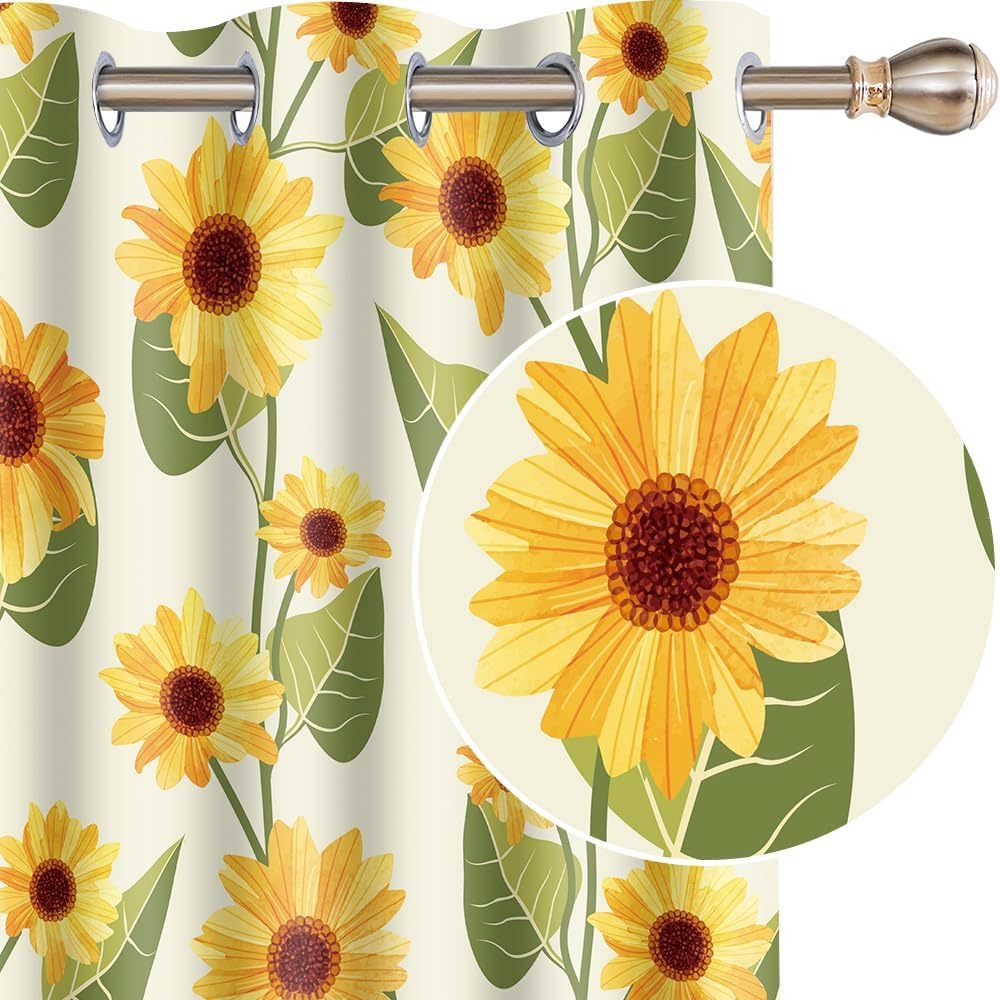 Yellow Sunflower Print Curtains with Grommets 42x84 Inch 2 Panels