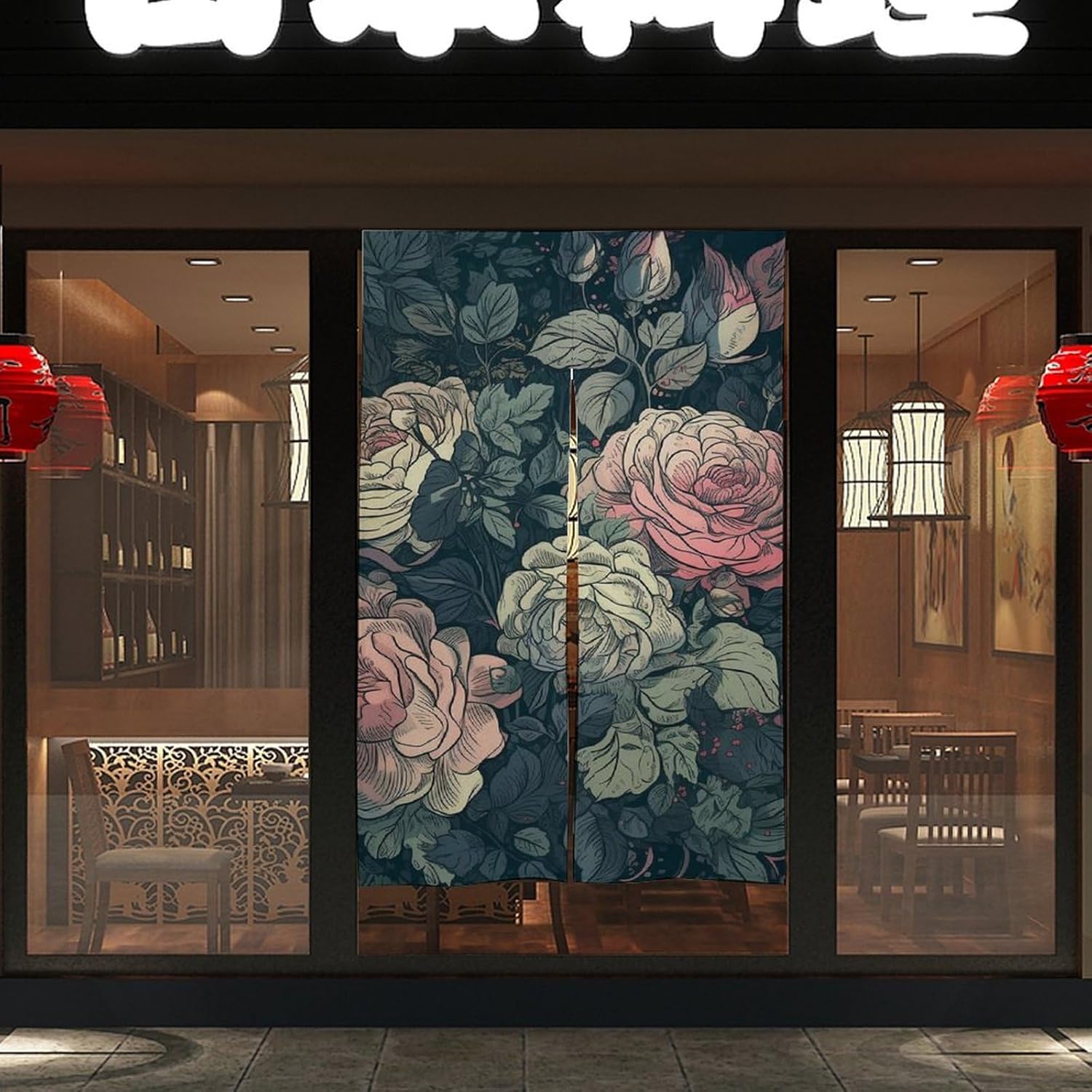 Japanese Noren Blooming Roses Door Curtain 34x57 Inch