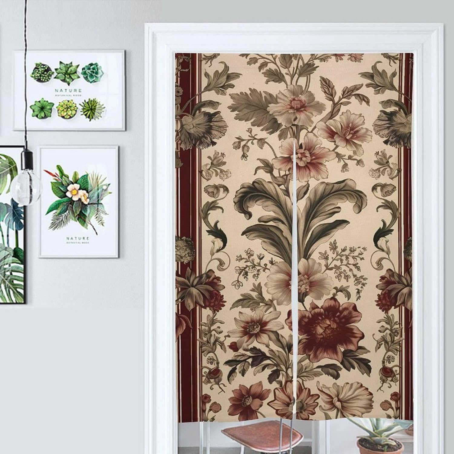 Japanese Noren Door Curtain with Red Stripes and Flowers