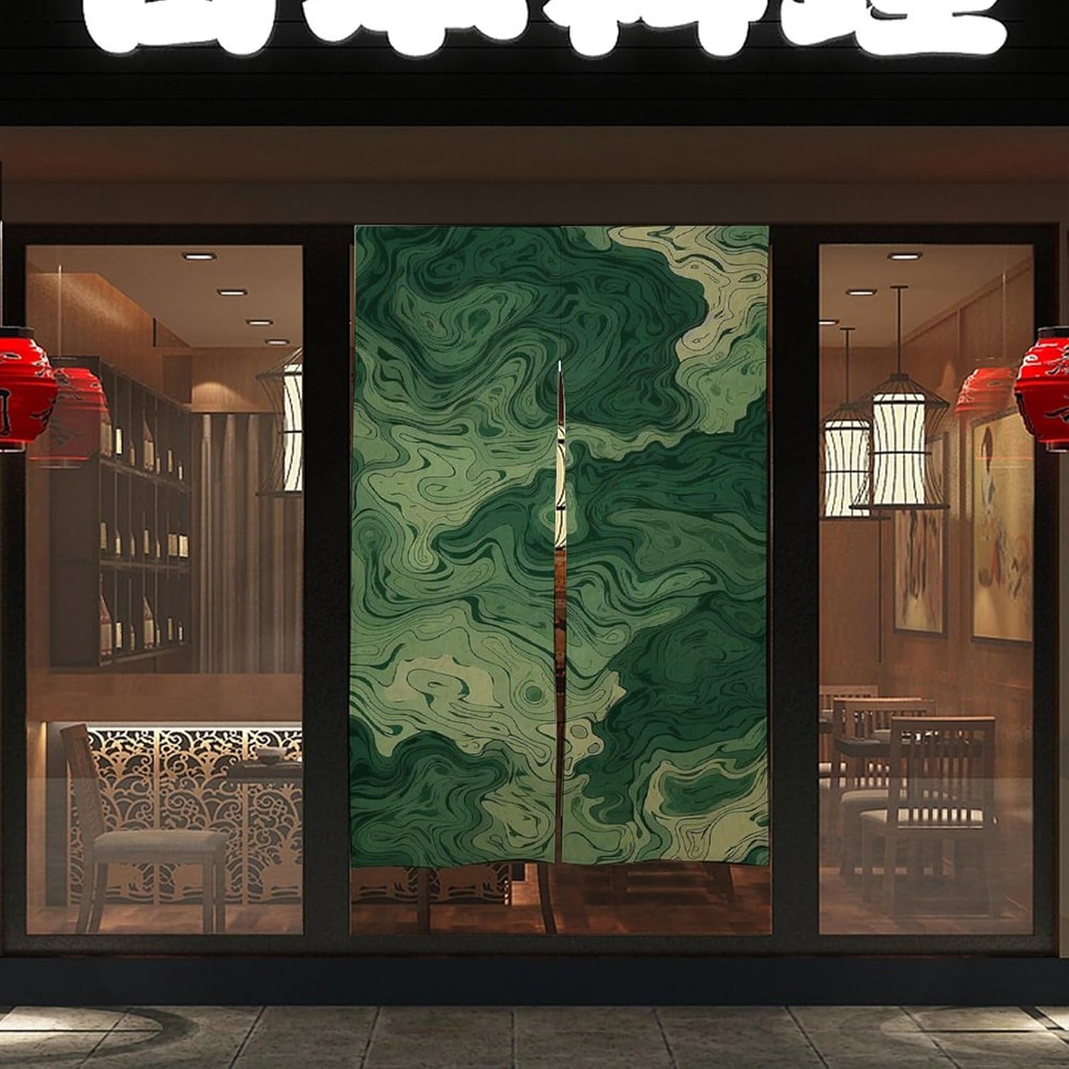 Japanese Noren Door Curtain Green Wood Grain Print