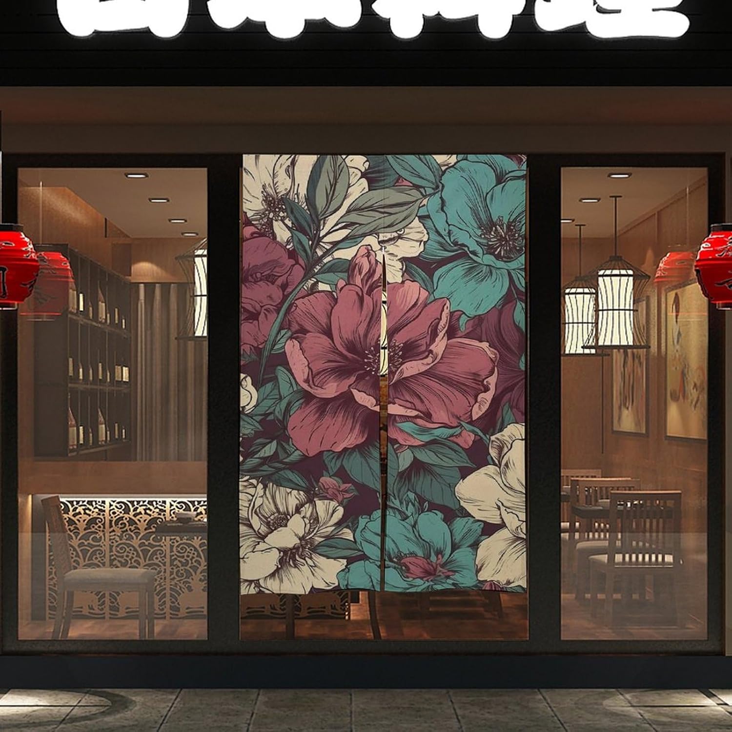 Japanese Noren Door Curtain with Romantic Flowers Design