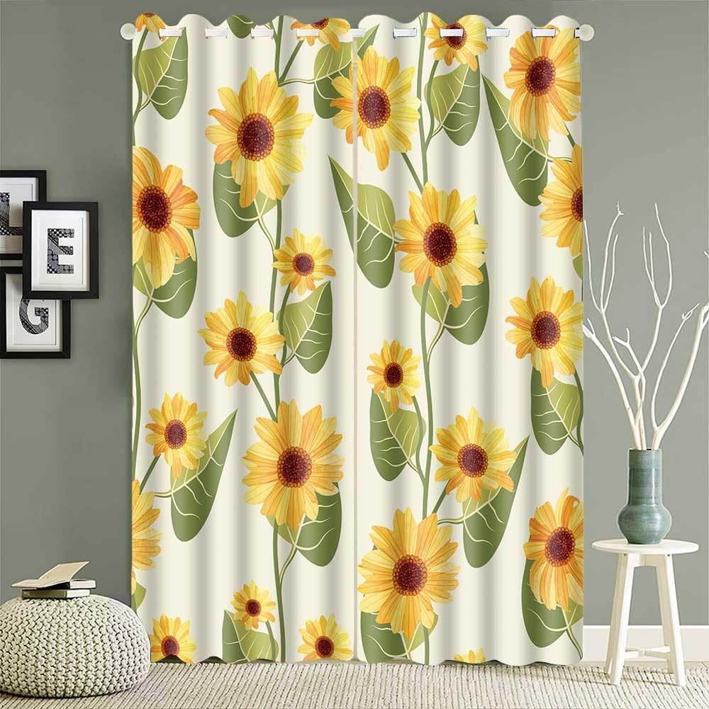 Yellow Sunflower Print Curtains with Grommets 42x84 Inch 2 Panels