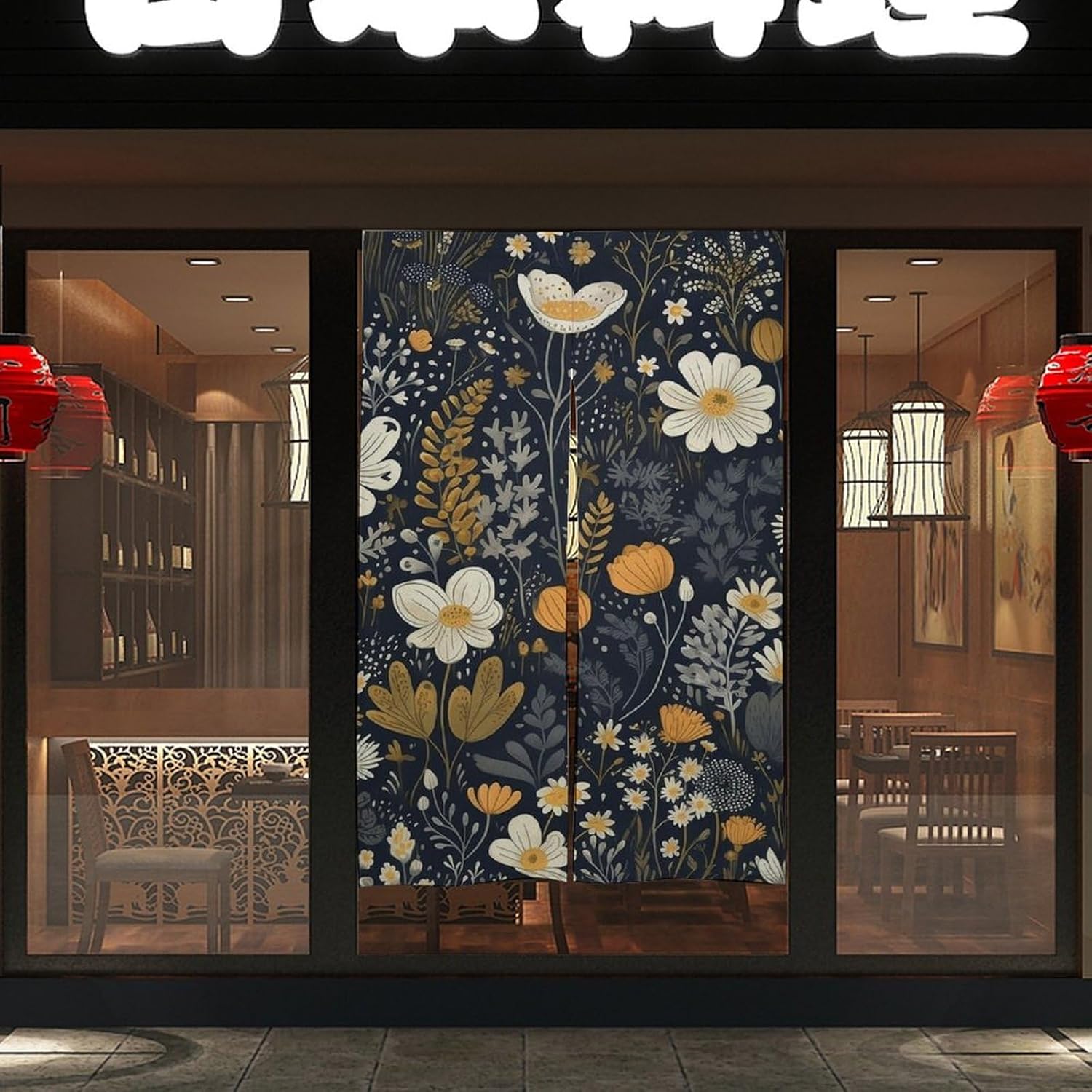 Japanese Noren Door Curtain with Small Flowers White Design