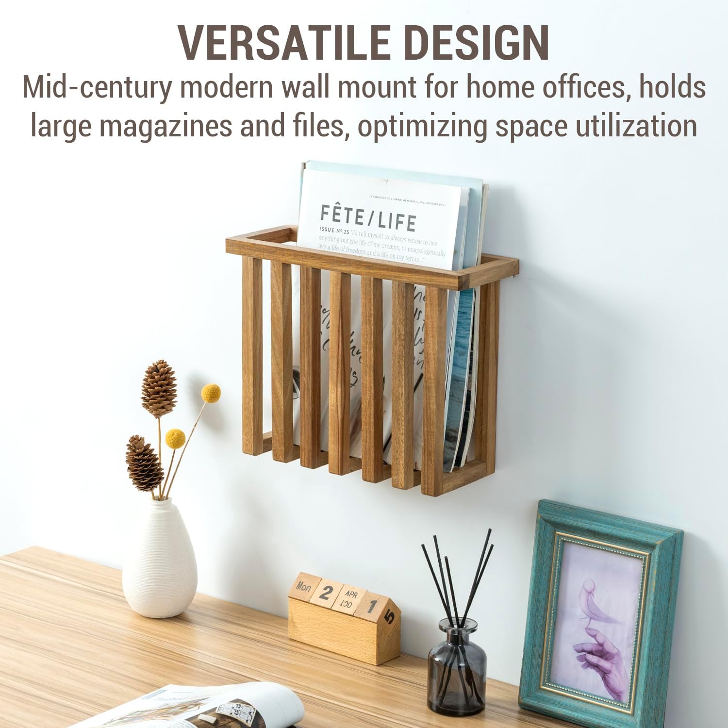 MyGift 11 Inch Acacia Wood Magazine Rack and File Holder
