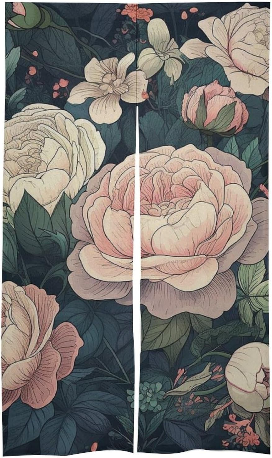Japanese Noren Door Curtain with Green Flowers Print 34x57