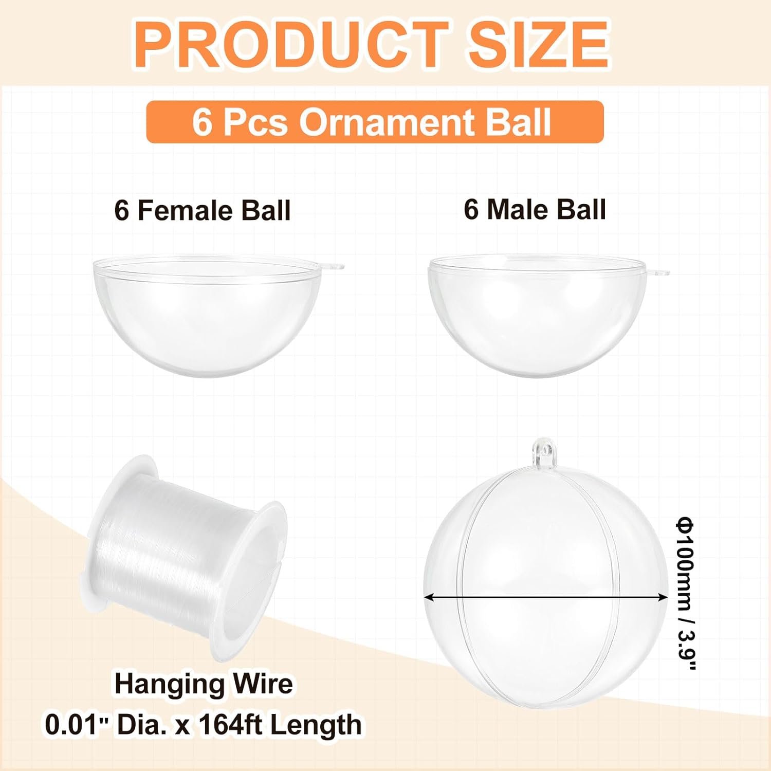 MECCANIXITY 39 Inch Clear Ornament Ball with Wire 6PCS