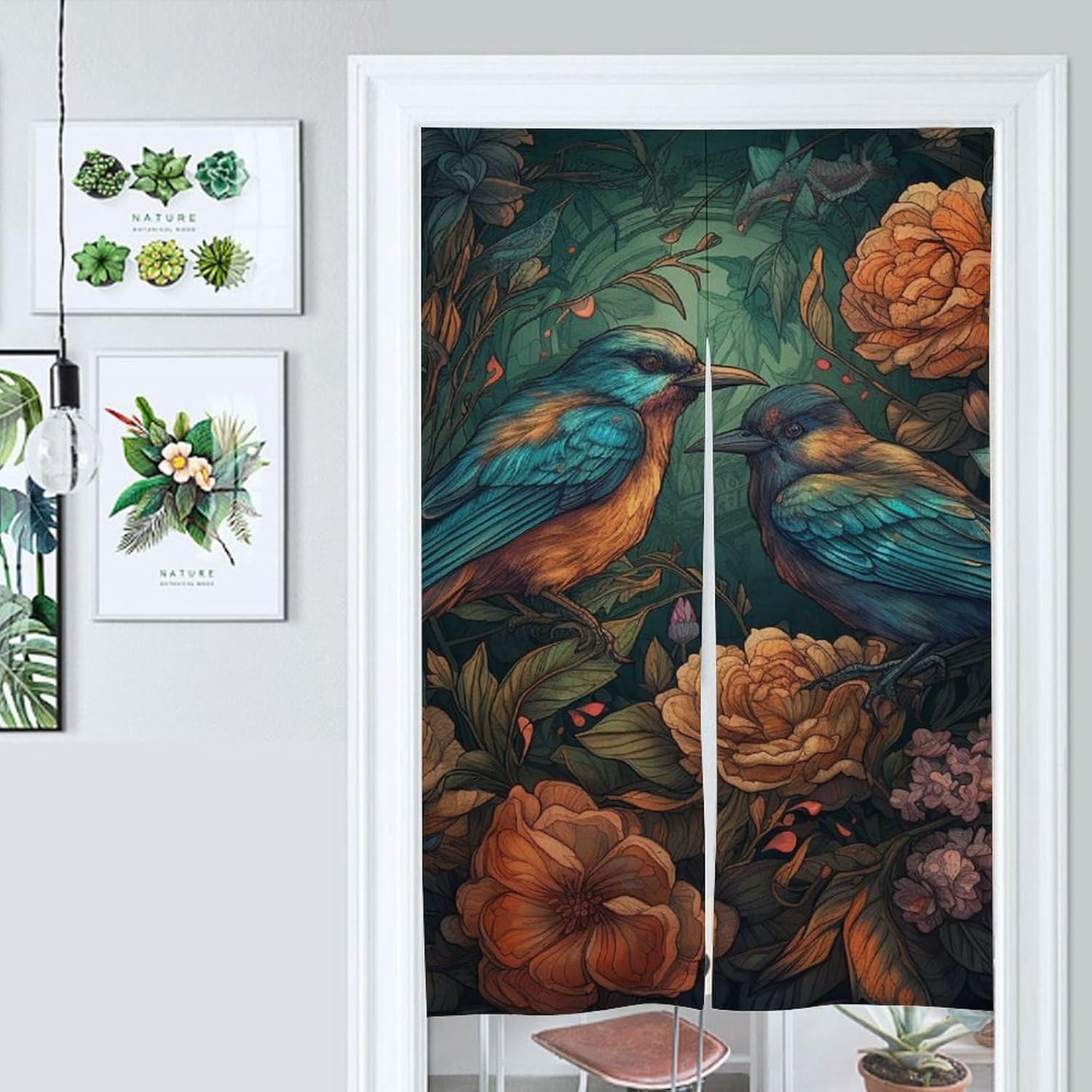 Japanese Noren Birds and Flowers Door Curtain 34x57 Inch