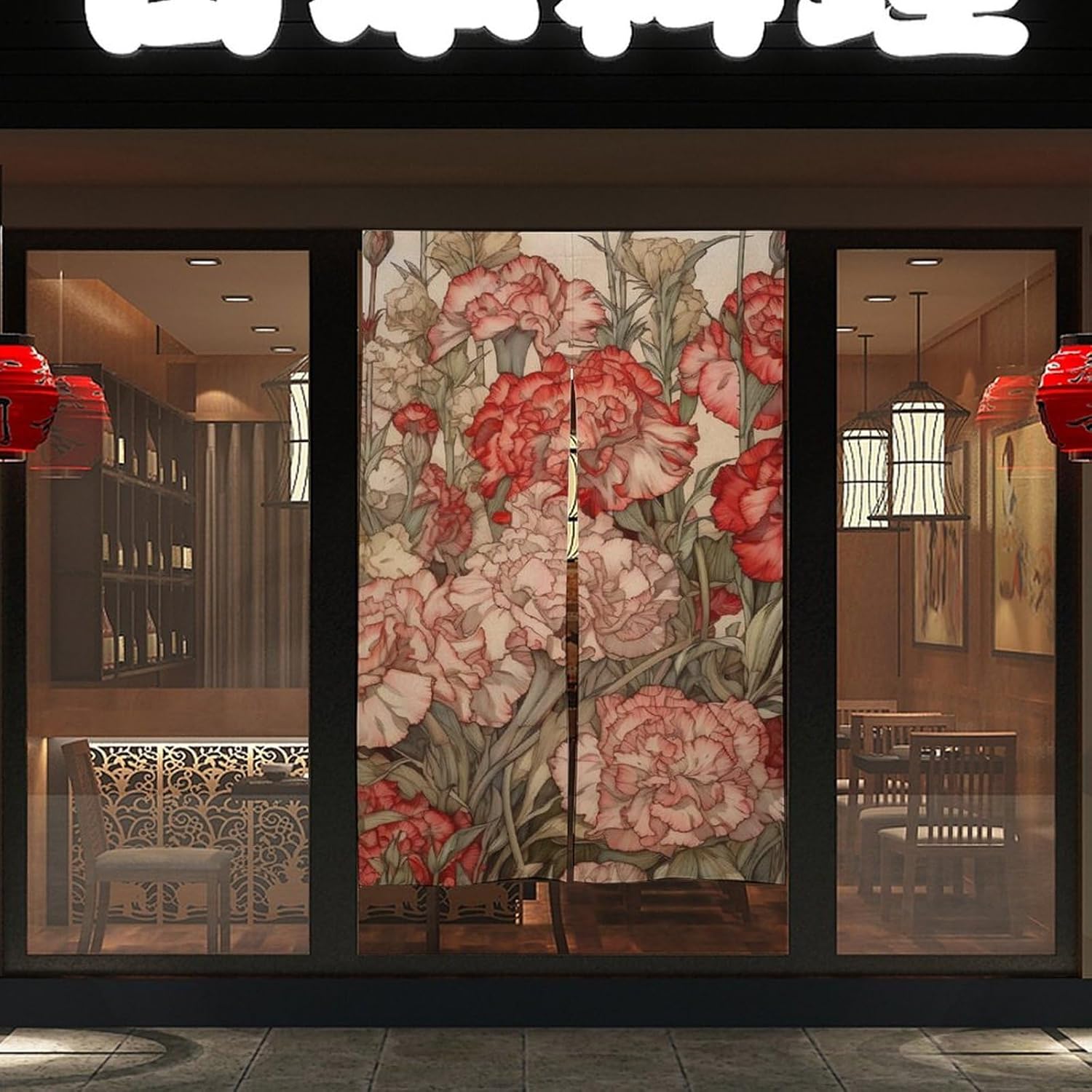 Japanese Noren Red and Carnations Door Curtain 34x57
