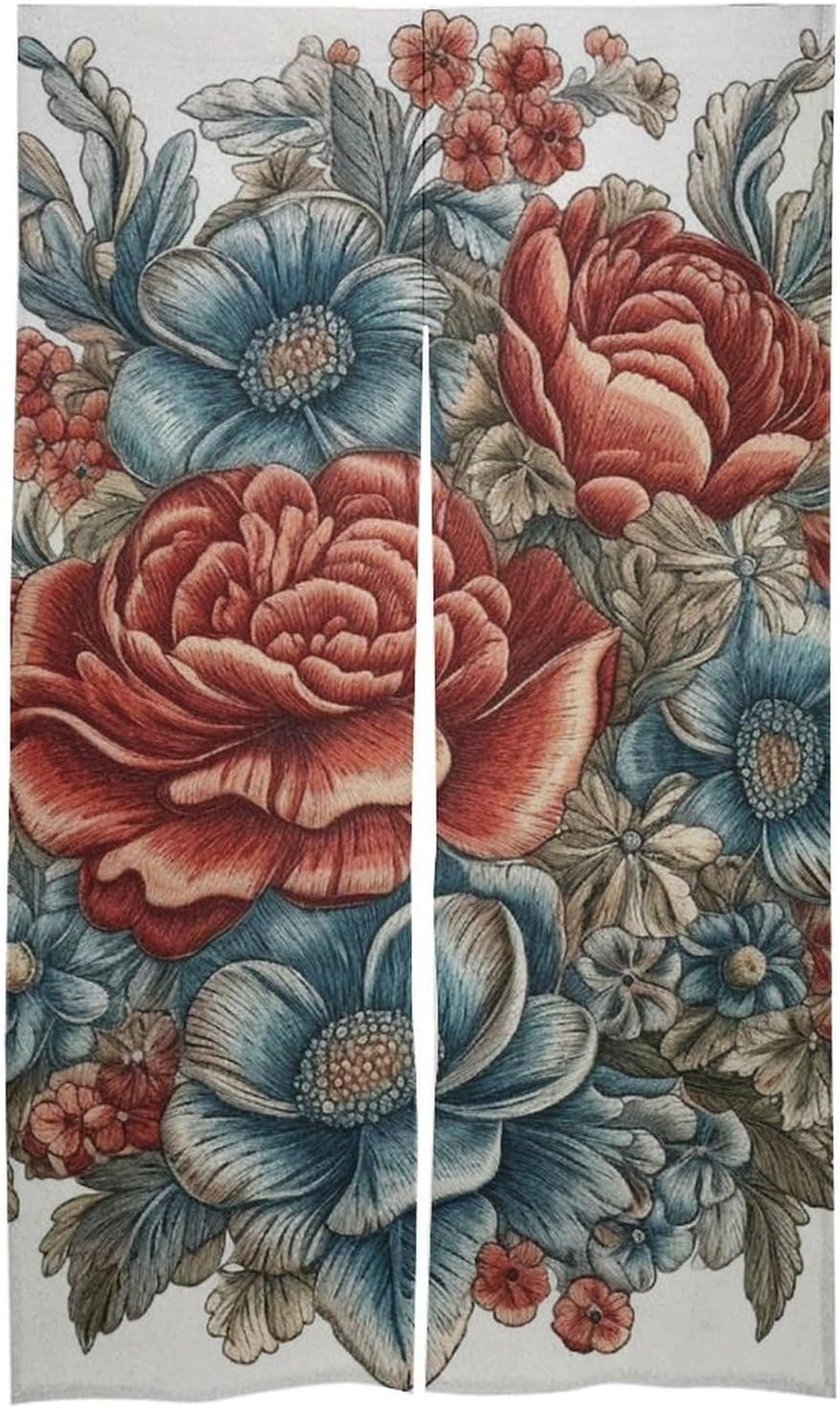 Japanese Noren Door Curtain with Blue and Red Flowers