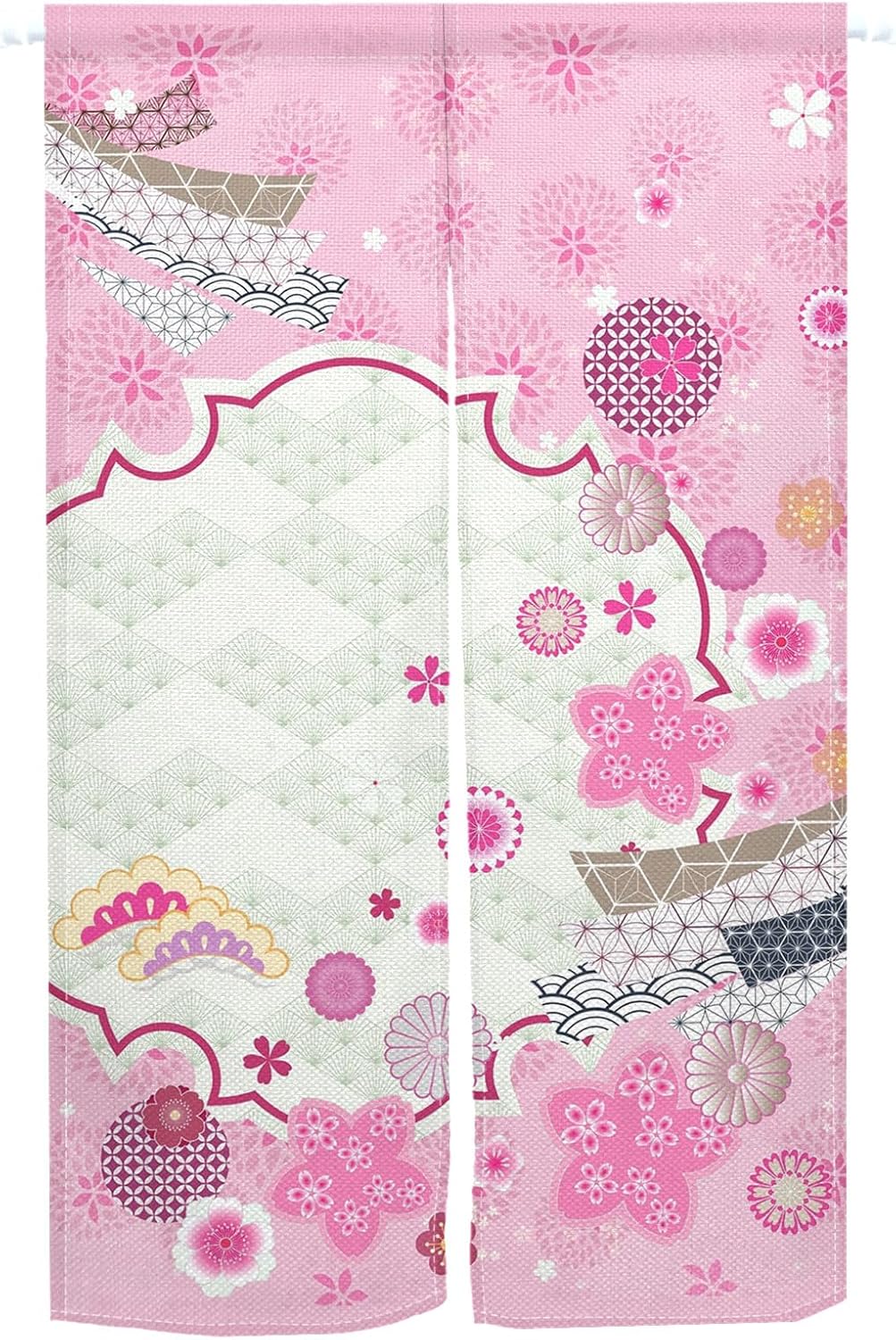 Traditional Japanese Noren Door Curtain with Pink Flowers Print