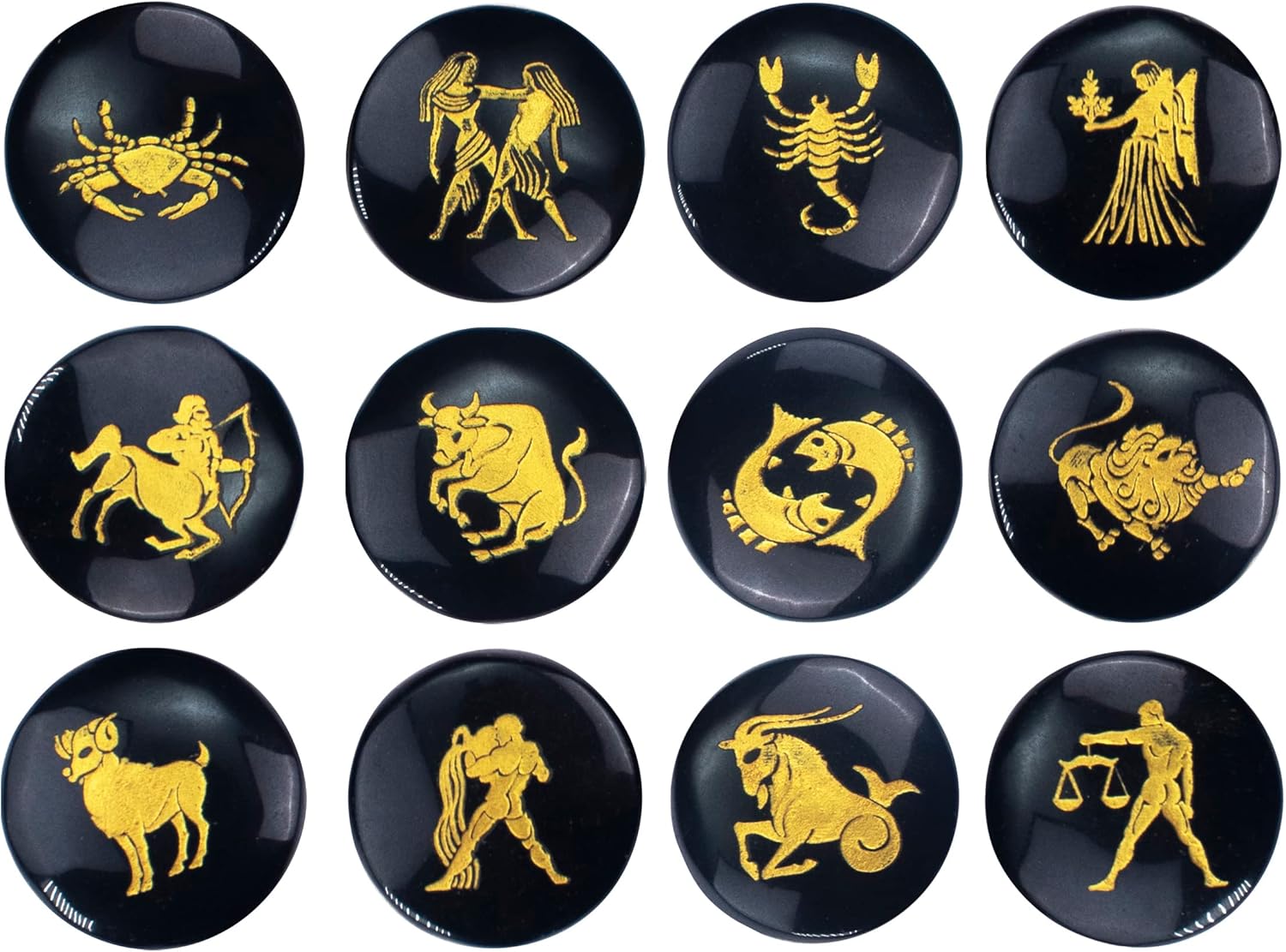 Crocon Black Agate Zodiac Symbols Engraved Stones Set of 12