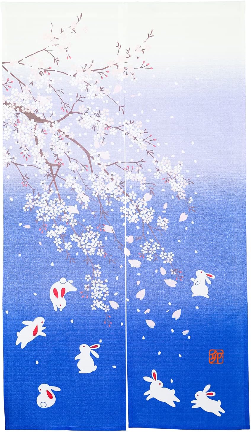 Japanese Noren Door Curtain Cherry Blossoms Rabbit Blue Room Divider