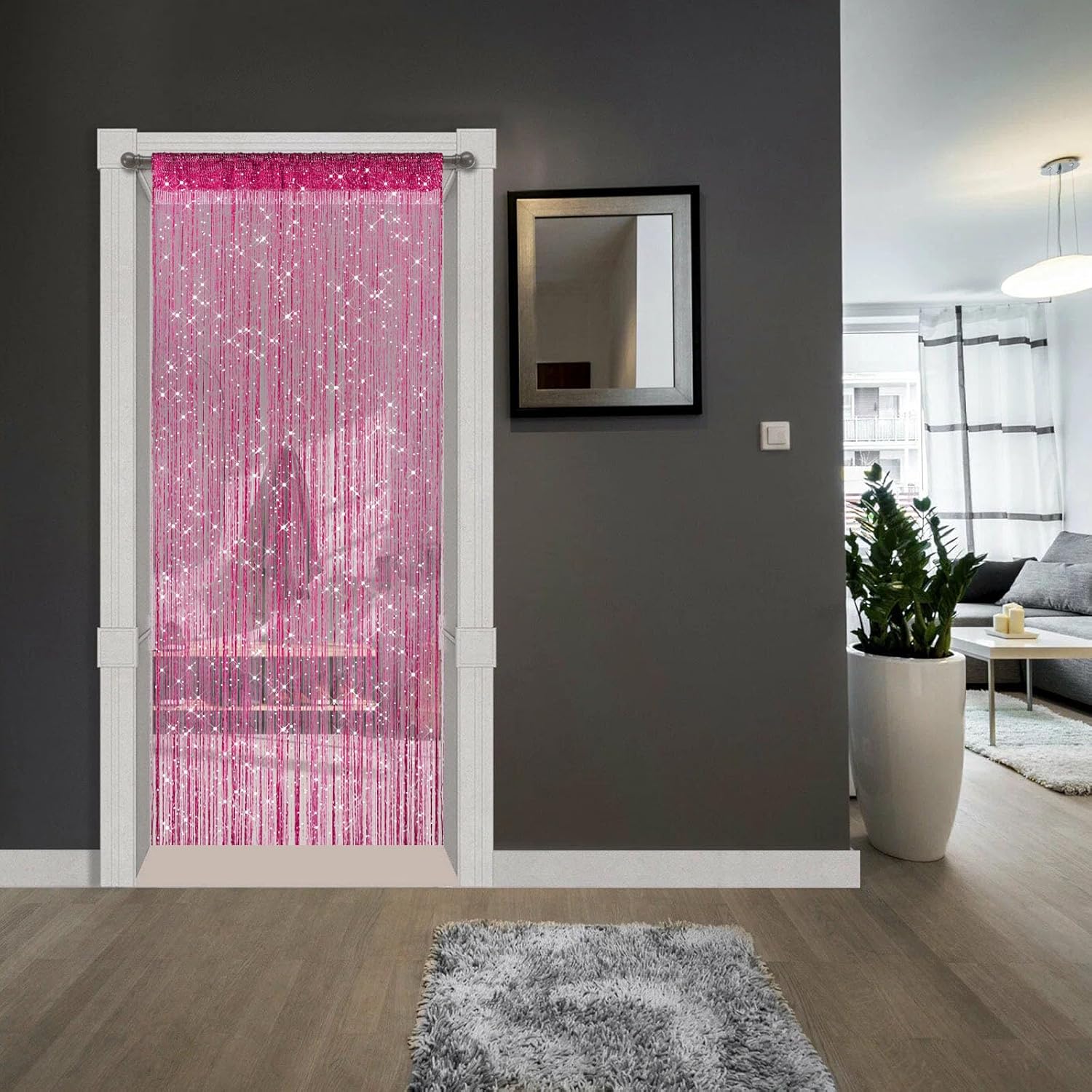 2 Pieces Fuchsia Glitter String Curtains with Tassels