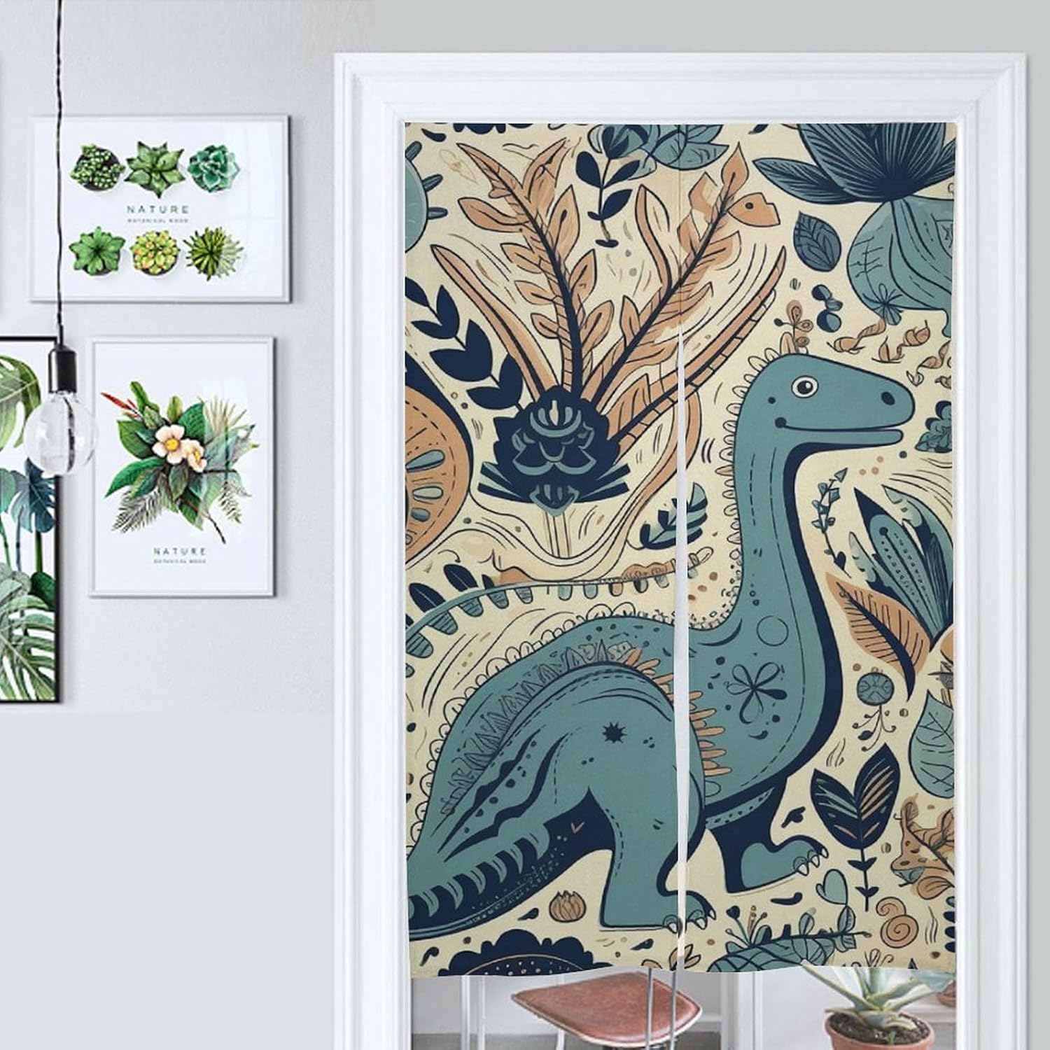 Japanese Noren Dinosaur and Plant Door Curtain 34x57 Inches