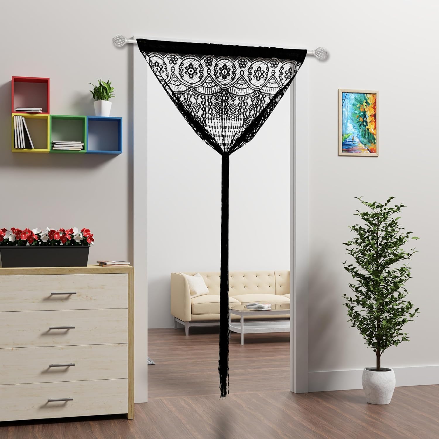 Lace Door String Curtain for Doorways Black 39x79in