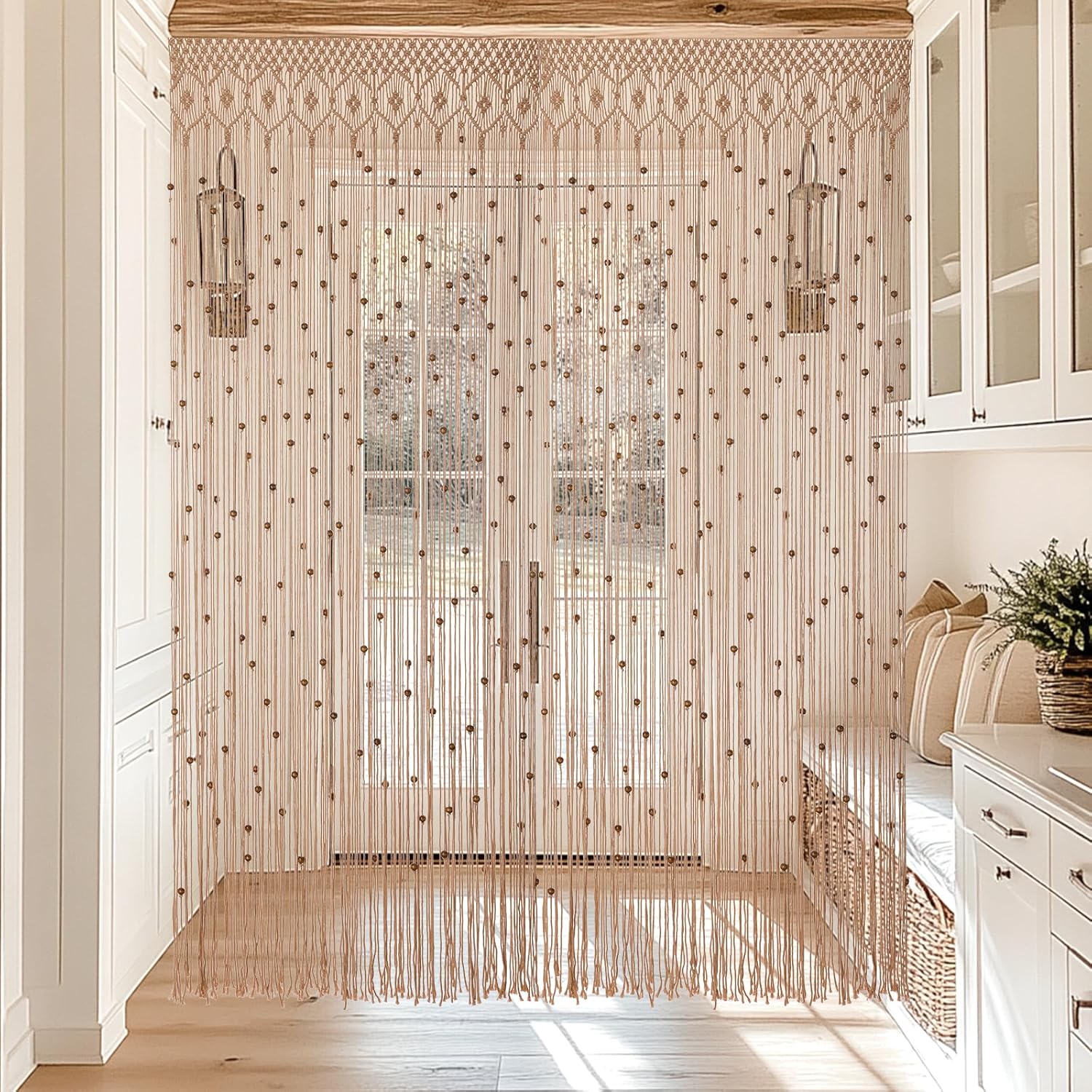BECHAEO Boho Macrame Beaded Curtain Set of 2