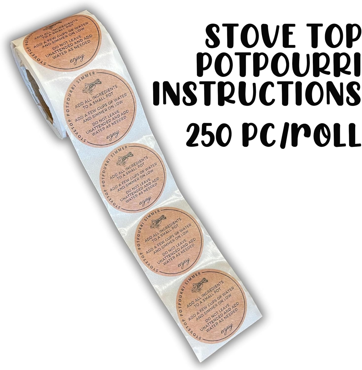 Stovetop Potpourri Instruction Labels 250pc Roll 2 Inch Circle Brown Boho Kraft Design