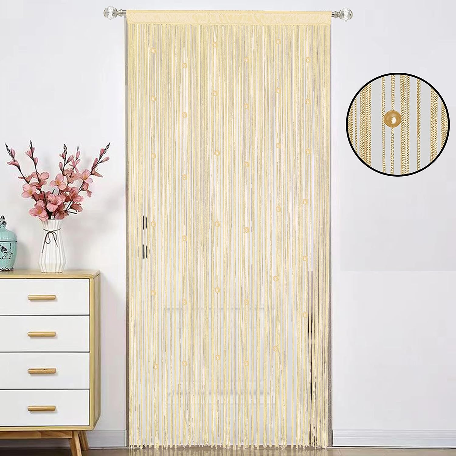 Beaded Curtain Door Divider with Telescopic Rod