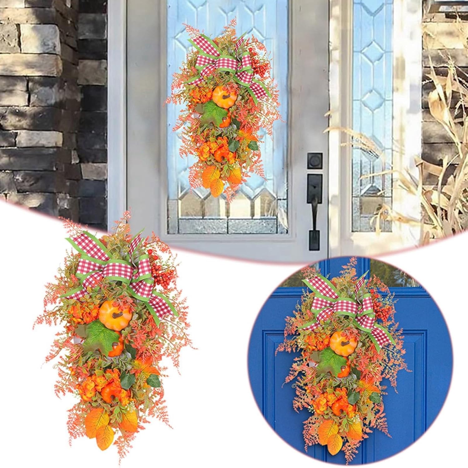 Fall Teardrop Swag Wreath with Pumpkins Sunflowers and Maple Leaves