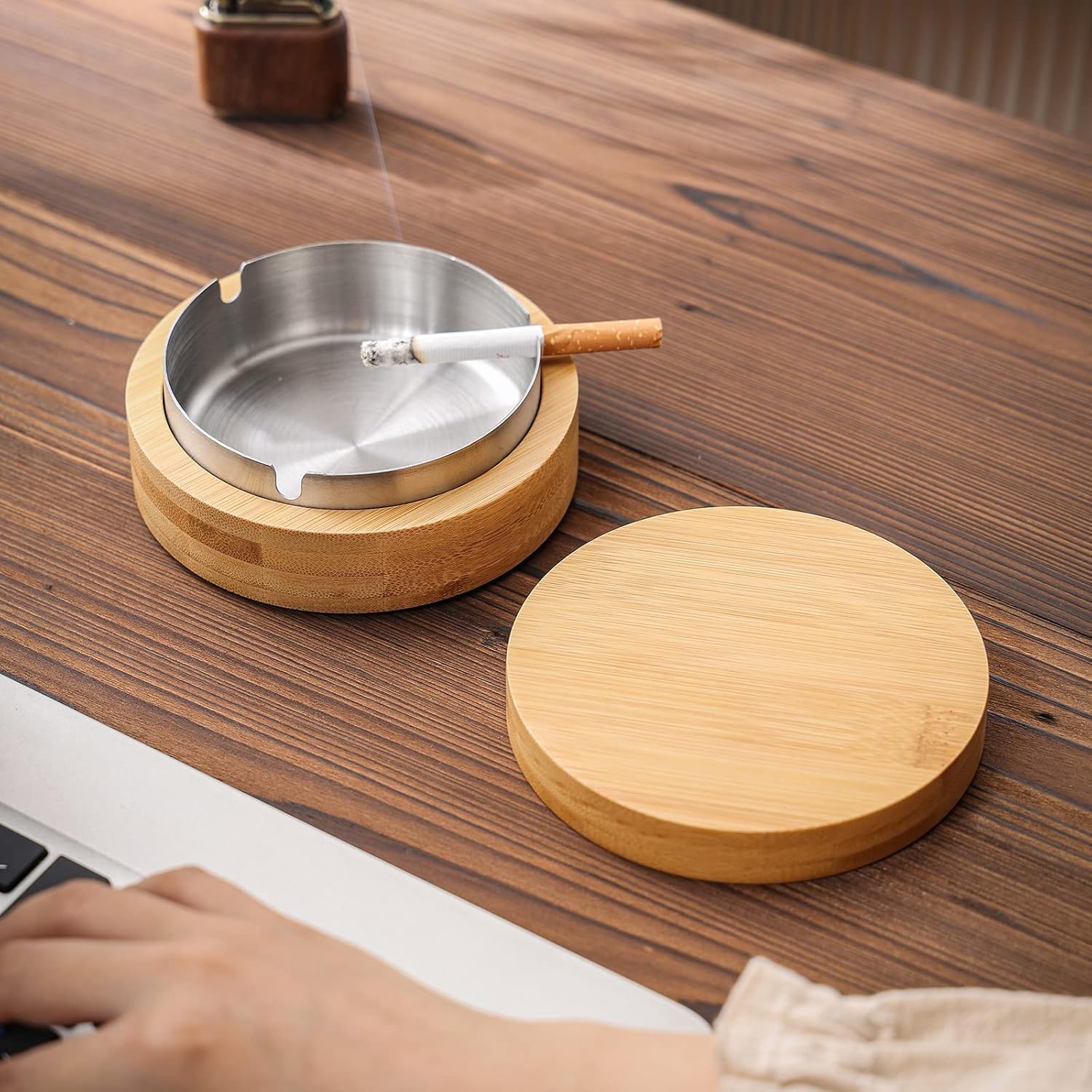 Stylish Small Bamboo Ashtray with Lid