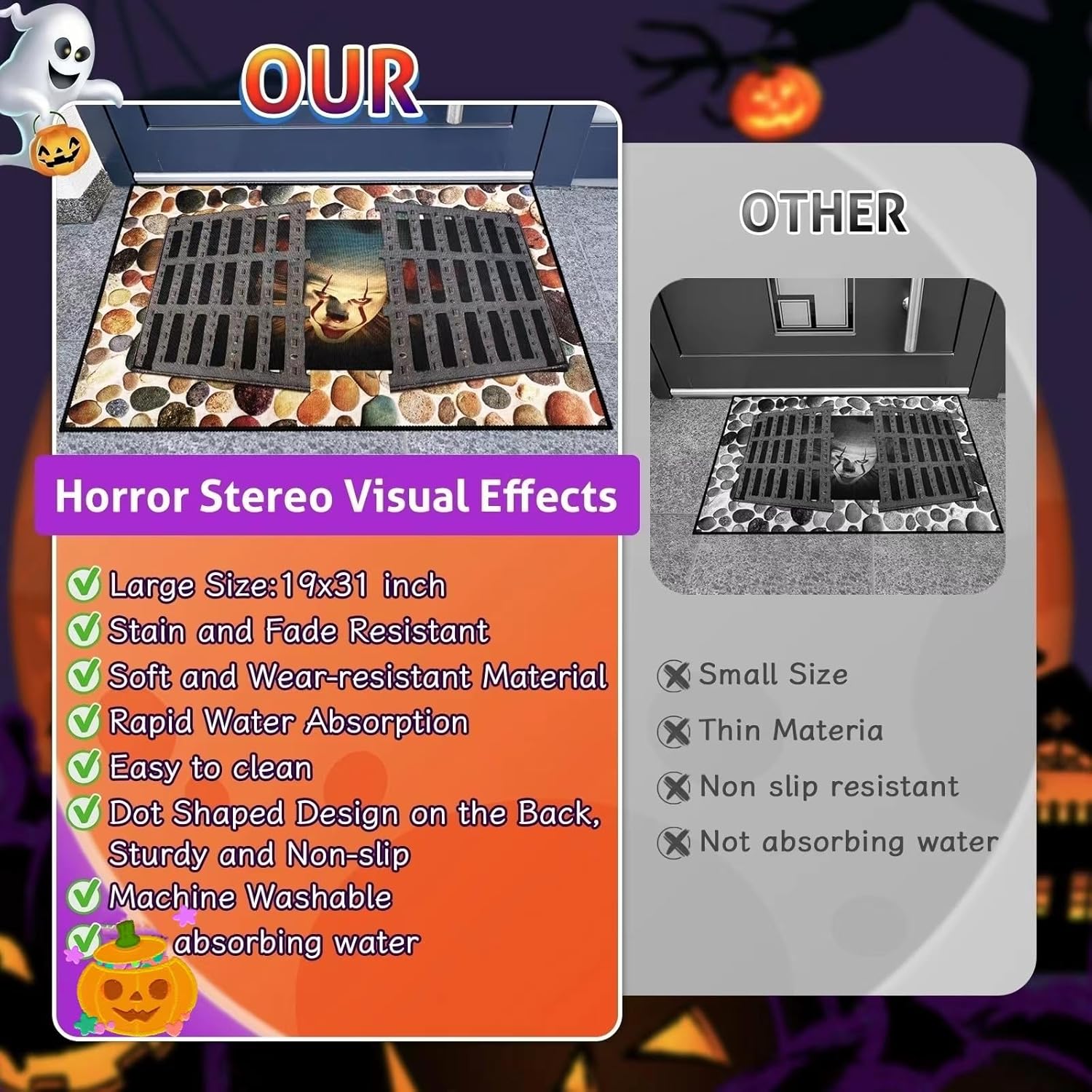 Halloween Clown Sewer 3D Illusion Door Mat 19x31 Inch