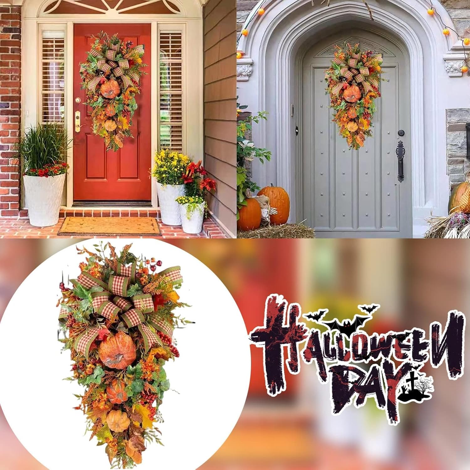 Fall Teardrop Swag Wreath with Pumpkins Sunflowers and Maple Leaves