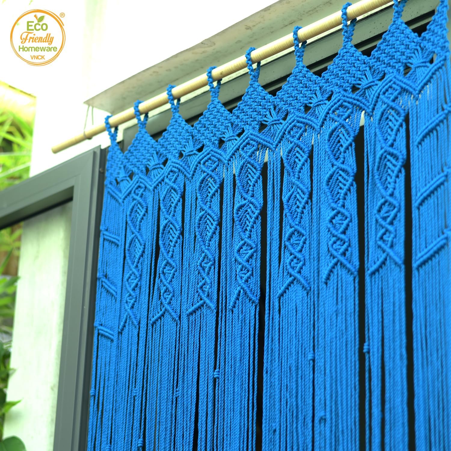 Macrame Curtain Boho Beaded Doorway Hanging Blue 77x35 Inch