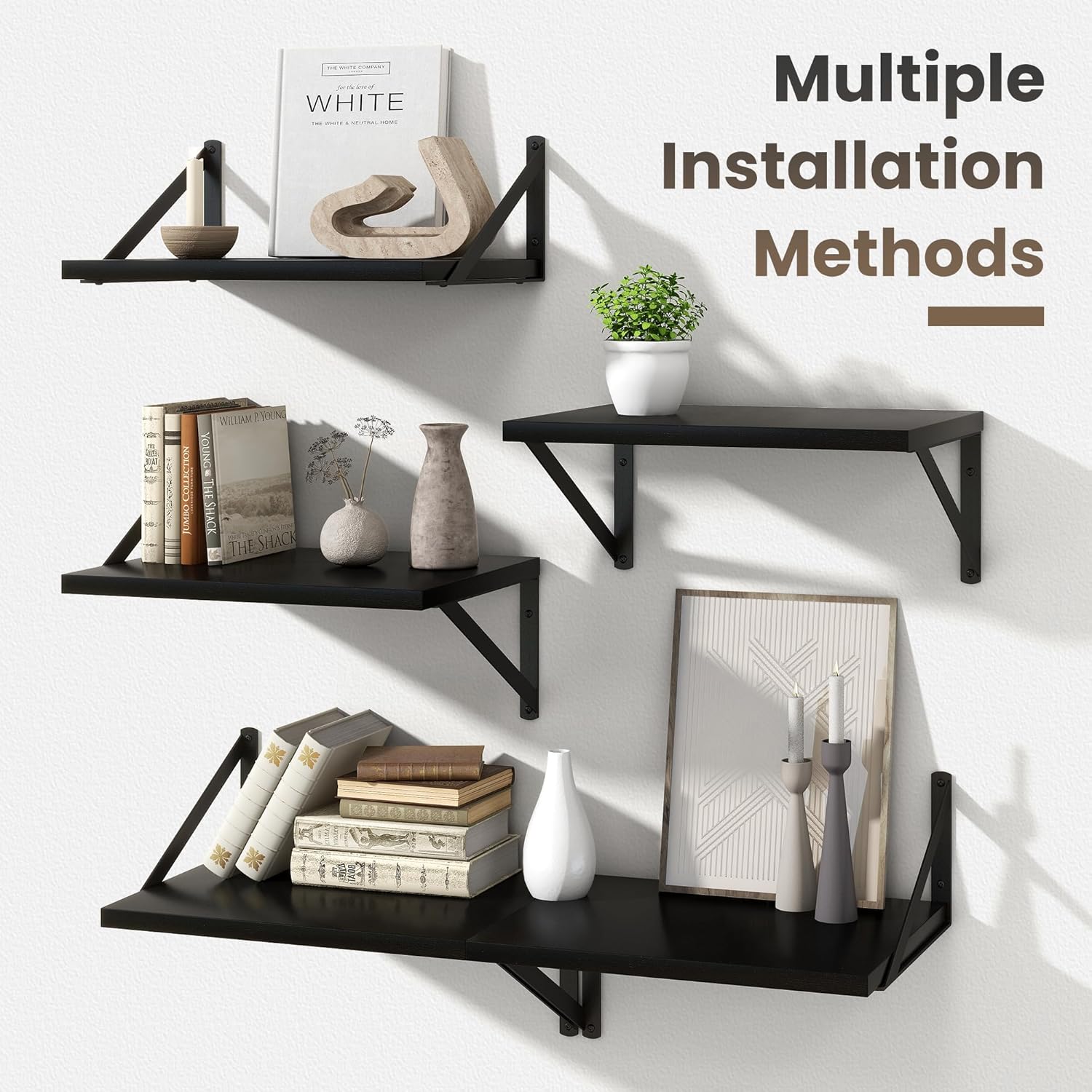 Marsmiles Black Floating Shelves Set of 2 12 Inch Deep Wood Wall Mount