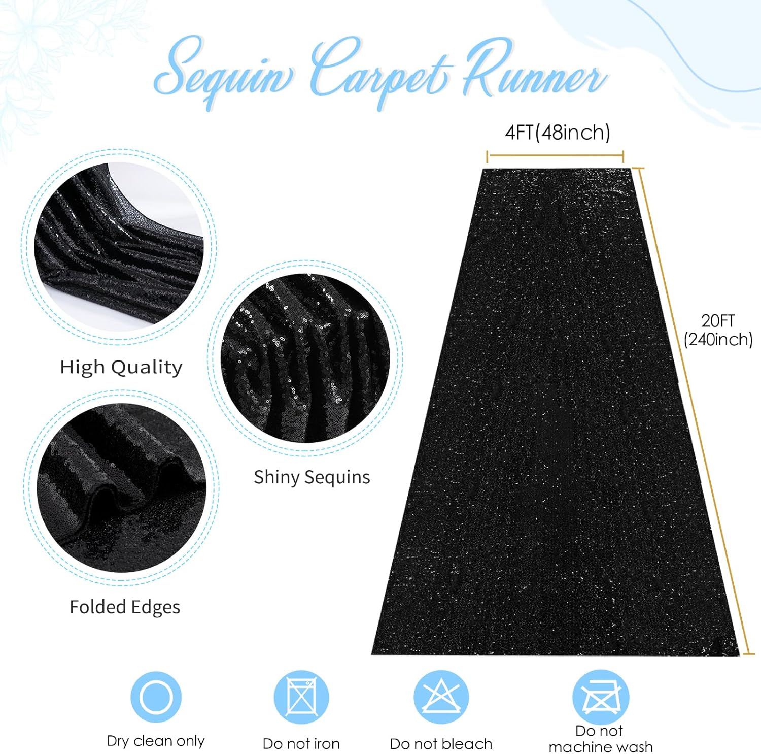 B-COOL Sequin Aisle Runner 4ft x 20ft Black Wedding Carpet