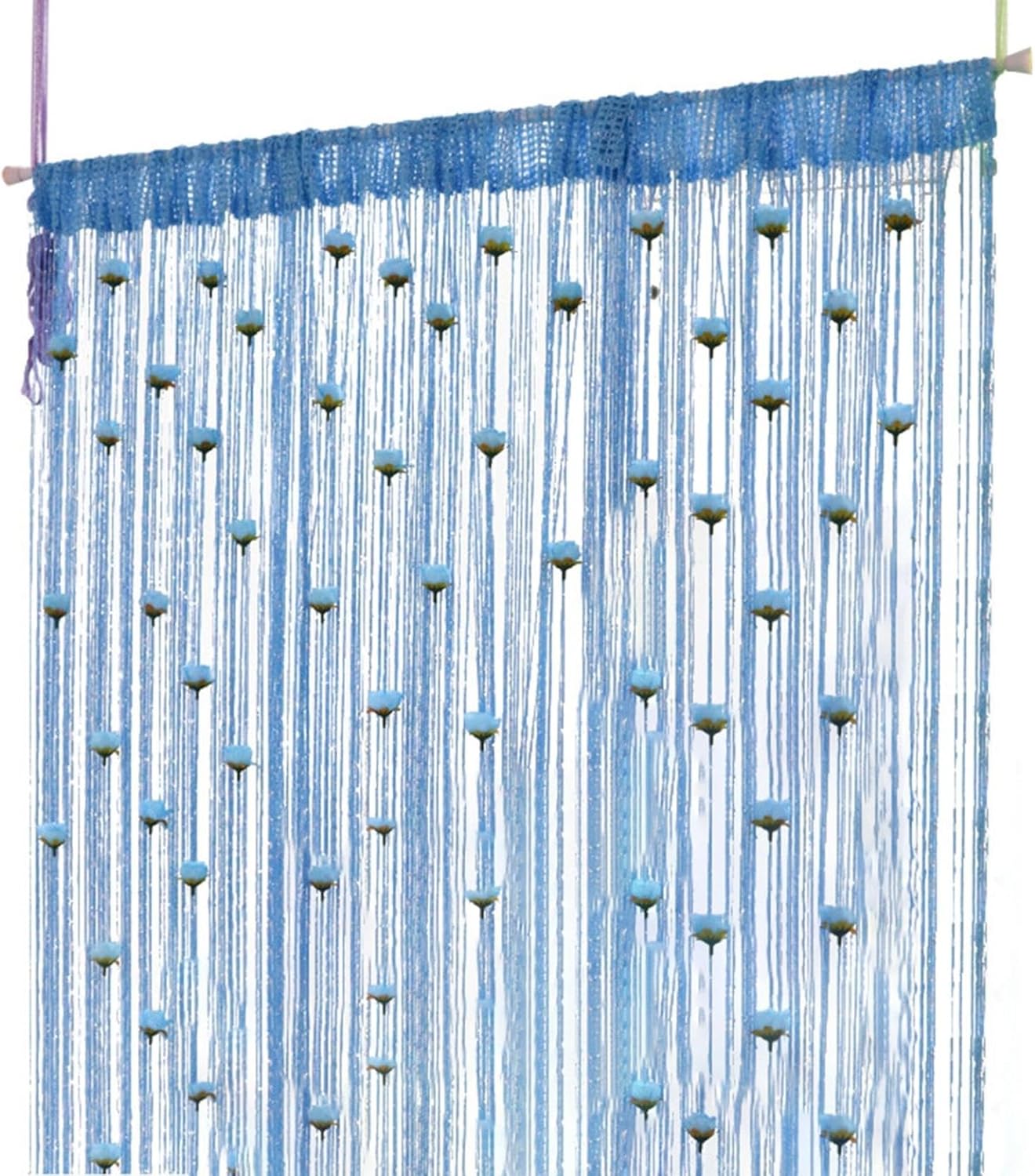 Blue Decorative Curtains with Tassel Fringe and Roses