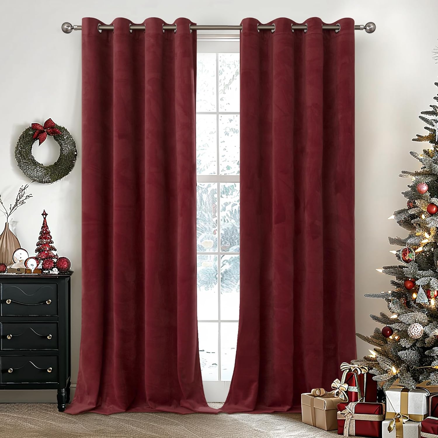 YoungsTex Burgundy Velvet Curtains 2 Panels 52x84 Inch