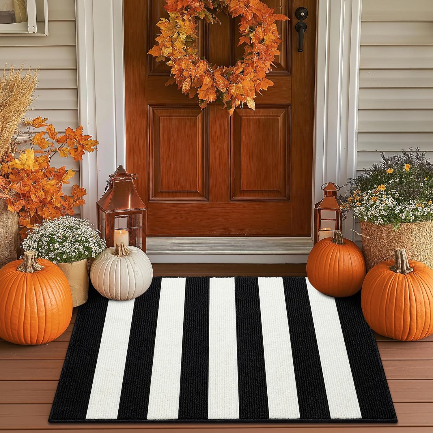 Timo Black and White Striped Entryway Door Mat 20x32
