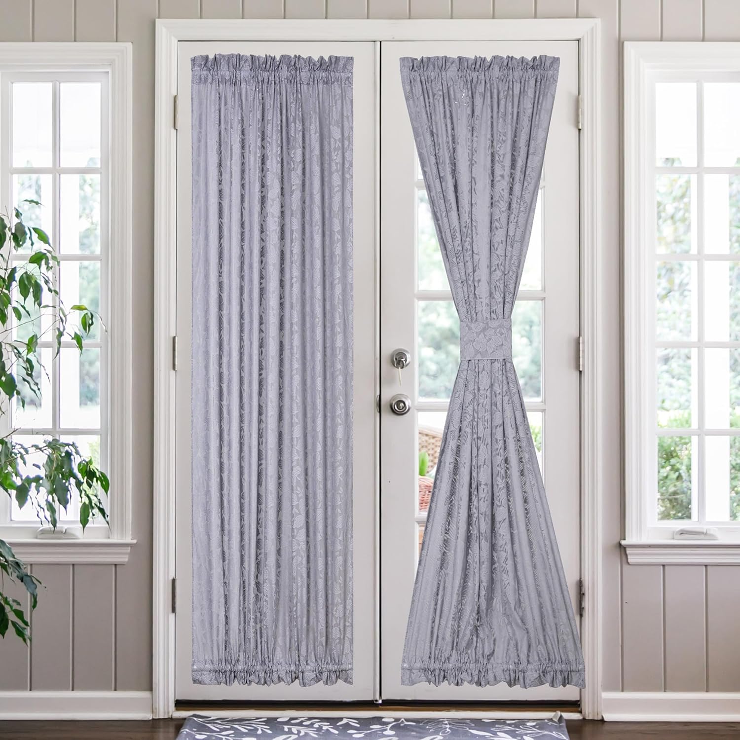 Lace French Door Curtain Grey Leaves 72 Inch 2 Pack