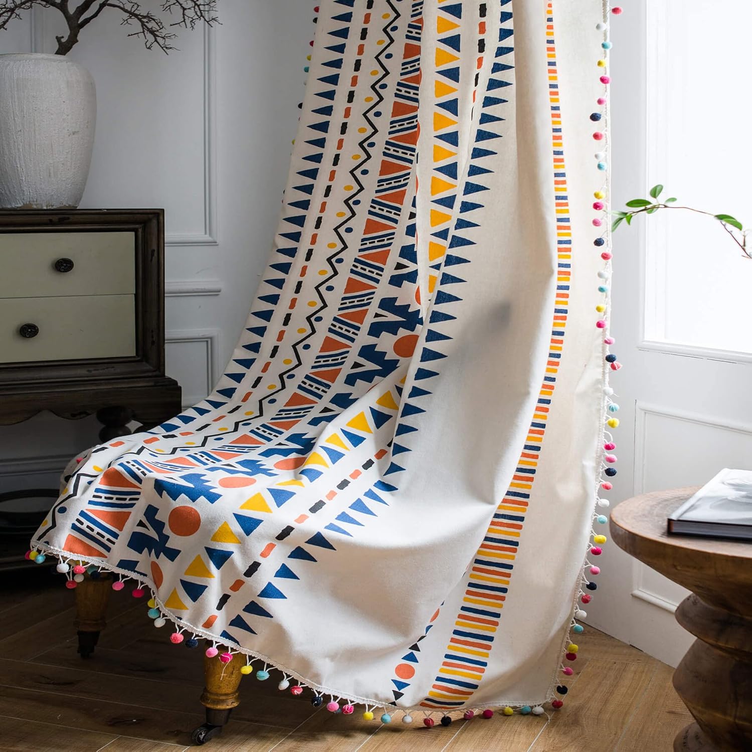 VOGOL Cotton Linen Pom Pom Curtains 59x79 Inches