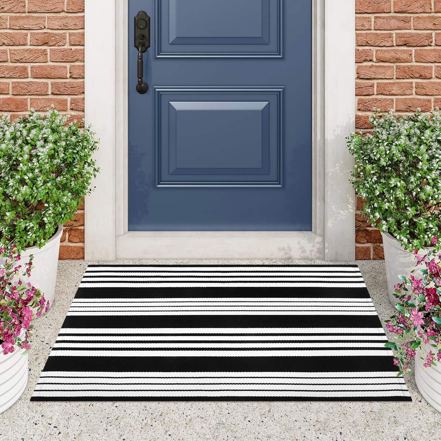 Black and White Striped Outdoor Rug 275x43 Inch Reversible Door Mat